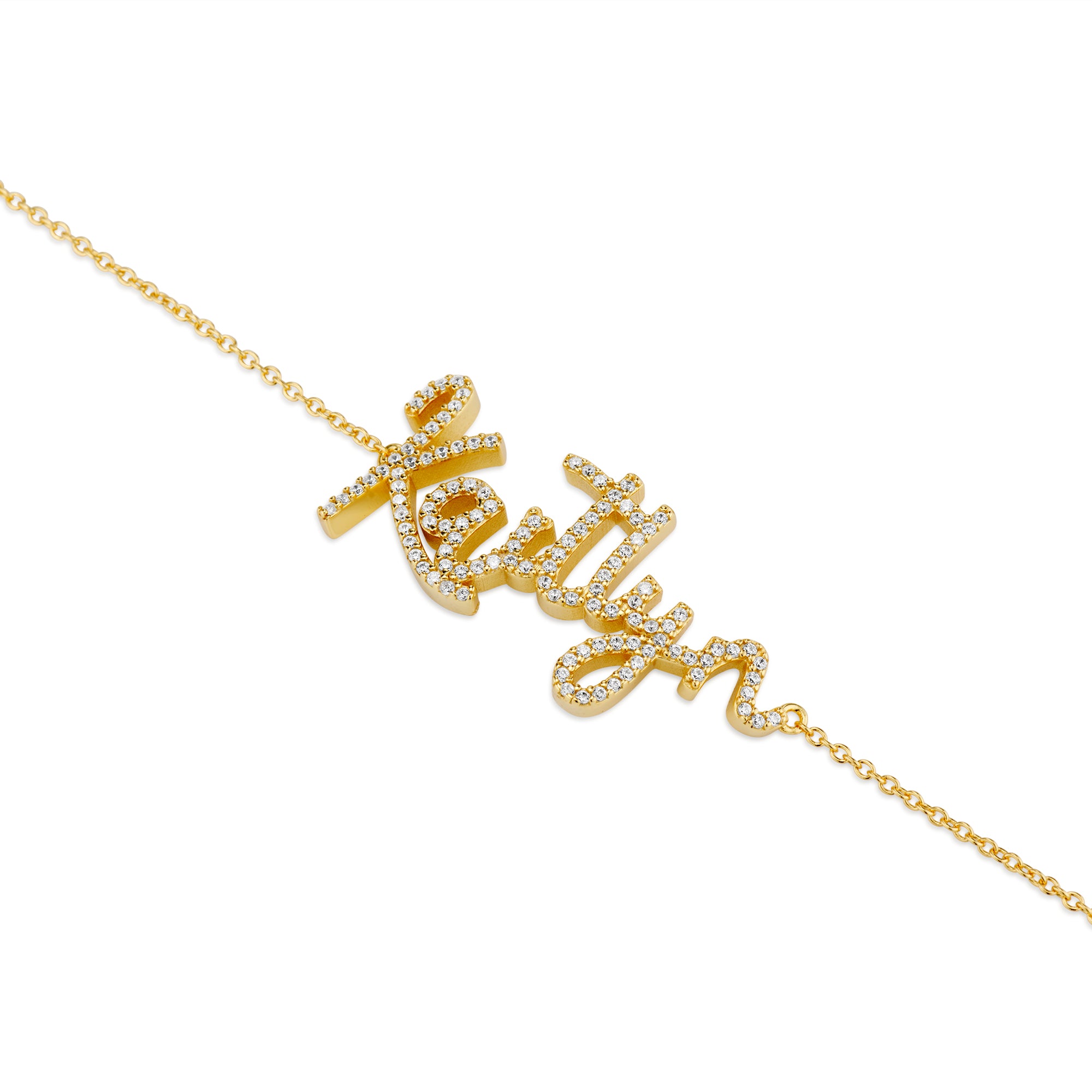 Gold Dreamy Script Nameplate bracelet with the CZ name Kaitlyn