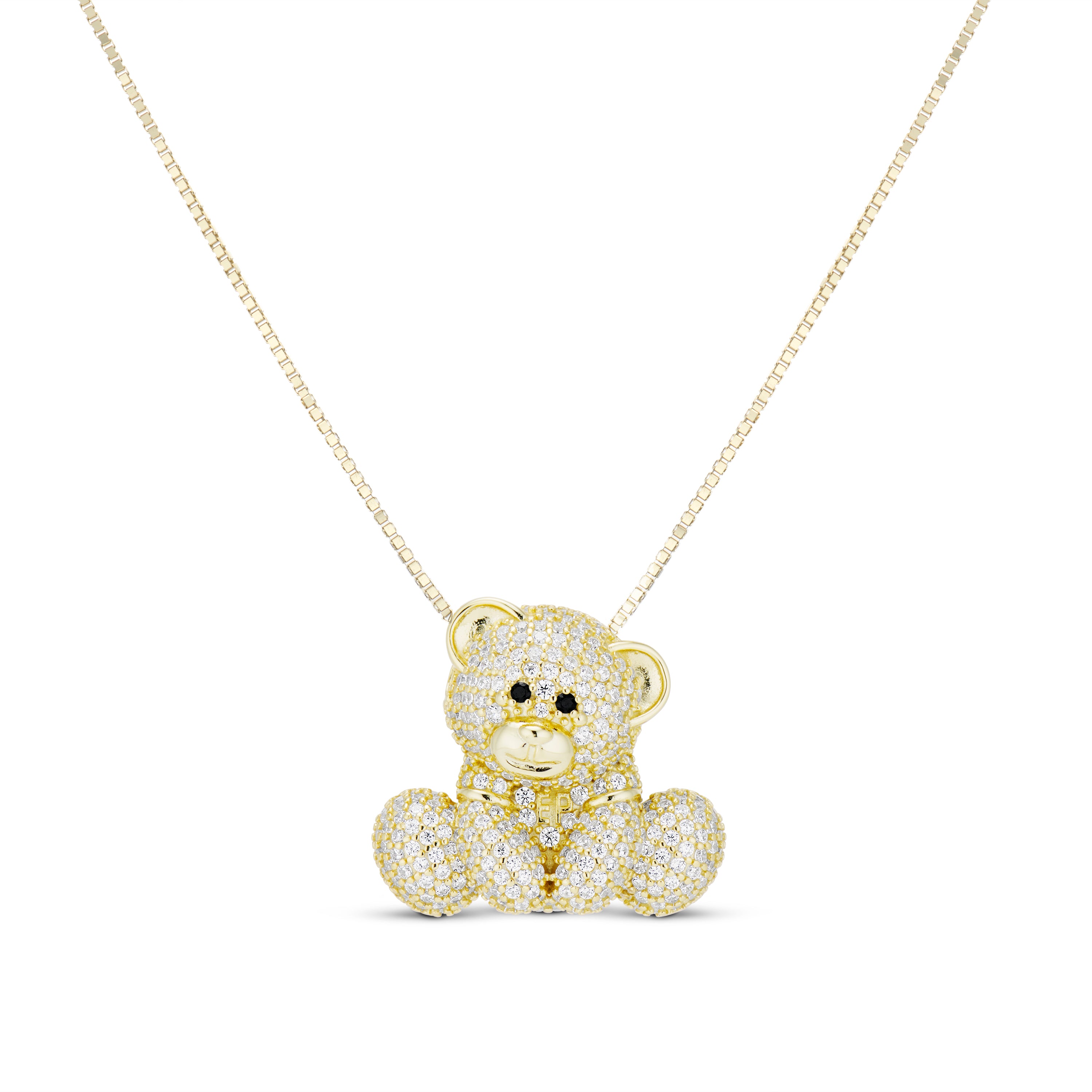 Iced Jumbo EP Teddy Necklace, a 26mm CZ-iced teddy bear pendant on a gold box chain