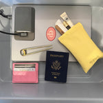 EP Jewels butter yellow hair pin pouch packed for travel with passport