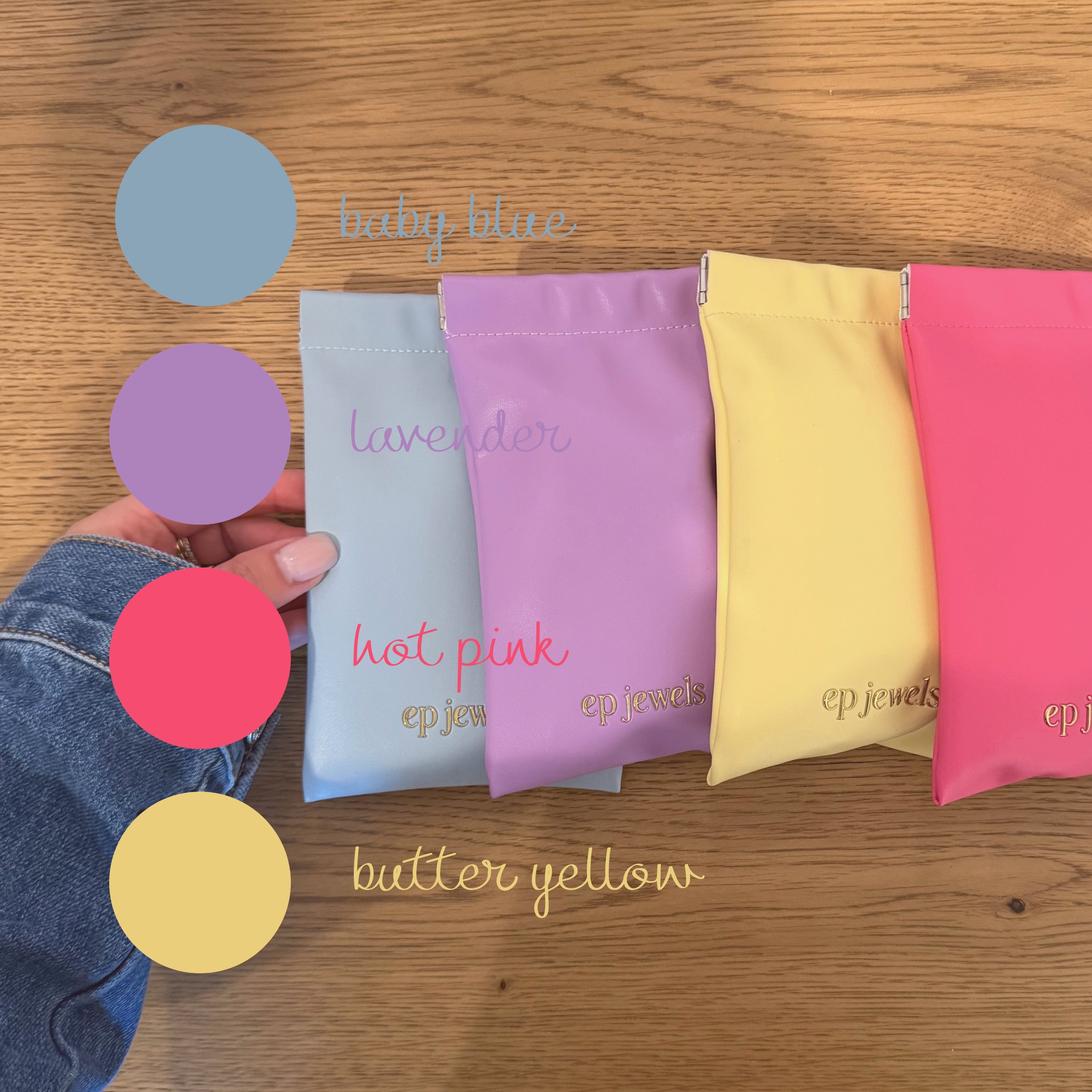 EP Jewels hair pin pouches in all four colors: hot pink, butter yellow, lavender and baby blue