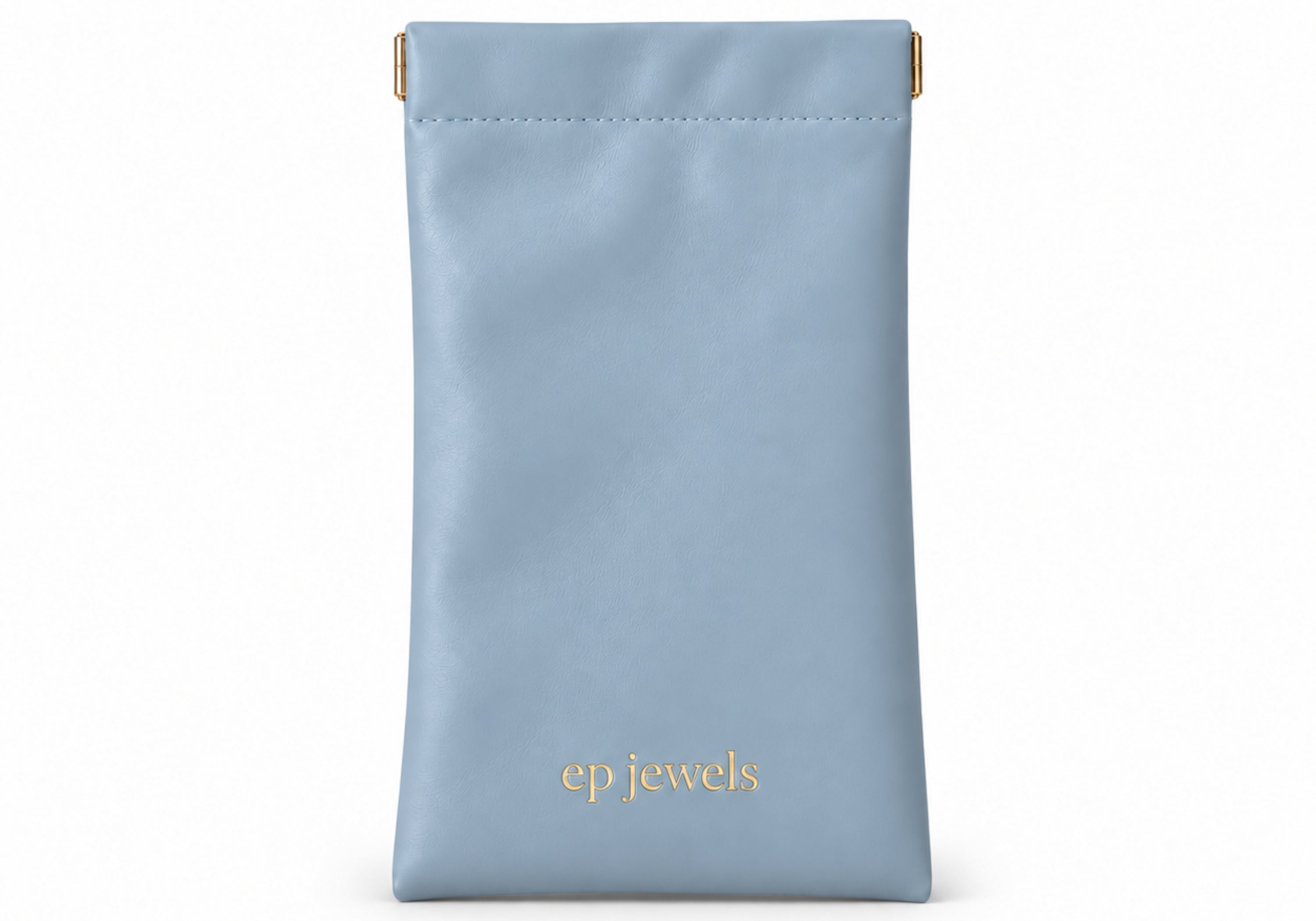 EP Jewels hair pin pouch in baby blue with gold logo