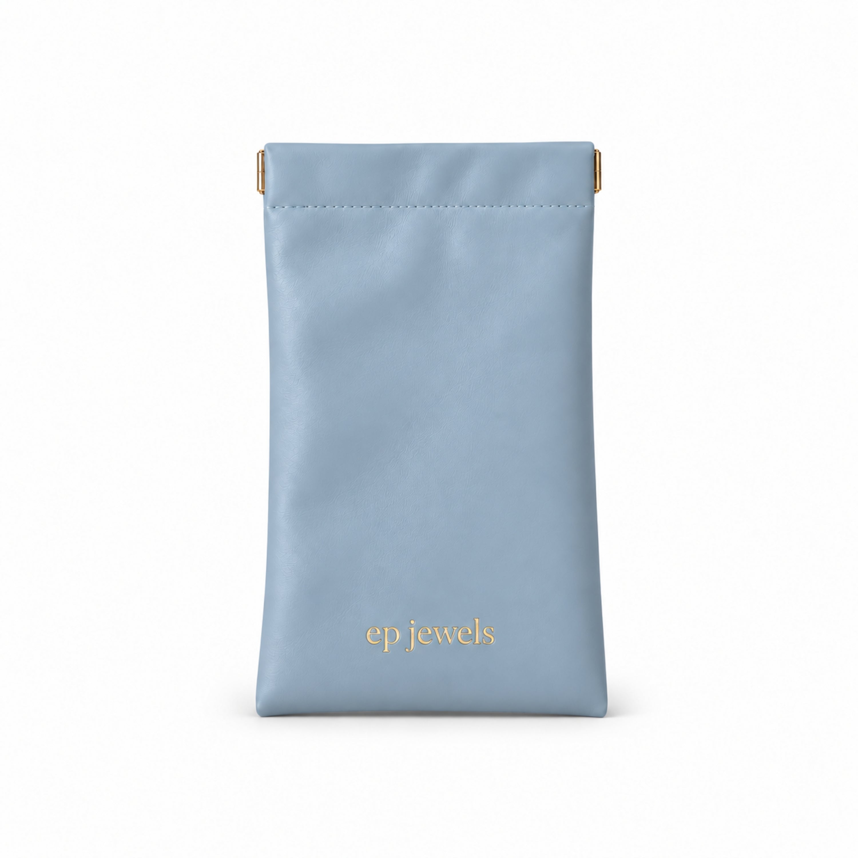 EP Jewels hair pin pouch in baby blue with gold logo