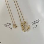 Baby and Jumbo iced script letter E necklaces side by side to compare sizes