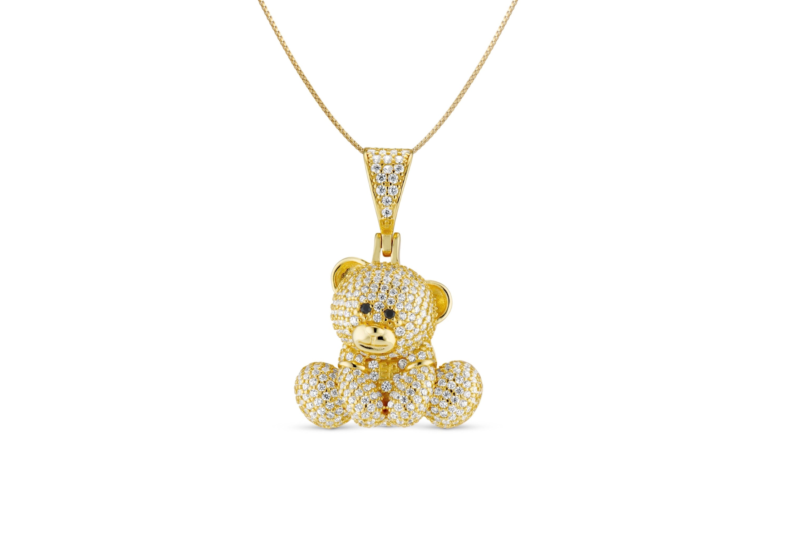 Iced EP Teddy Necklace, gold CZ teddy bear pendant on a box chain