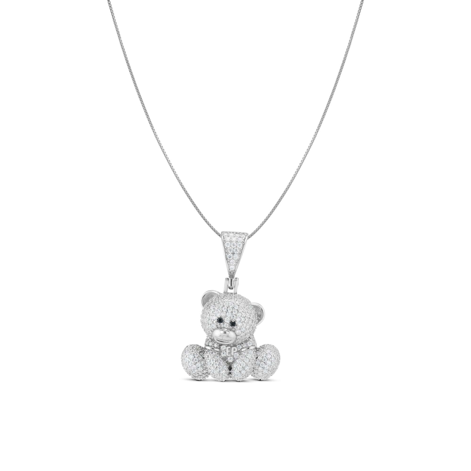 Iced EP Teddy Necklace in silver, CZ teddy bear pendant on a silver box chain