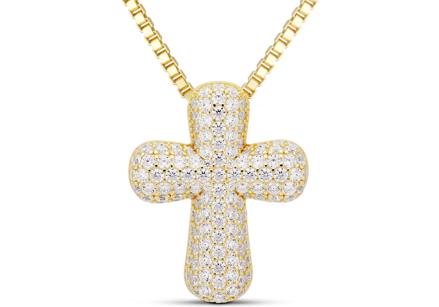 Iced Jumbo Cross Necklace, a puffy gold cross fully set with pave CZ on a box chain