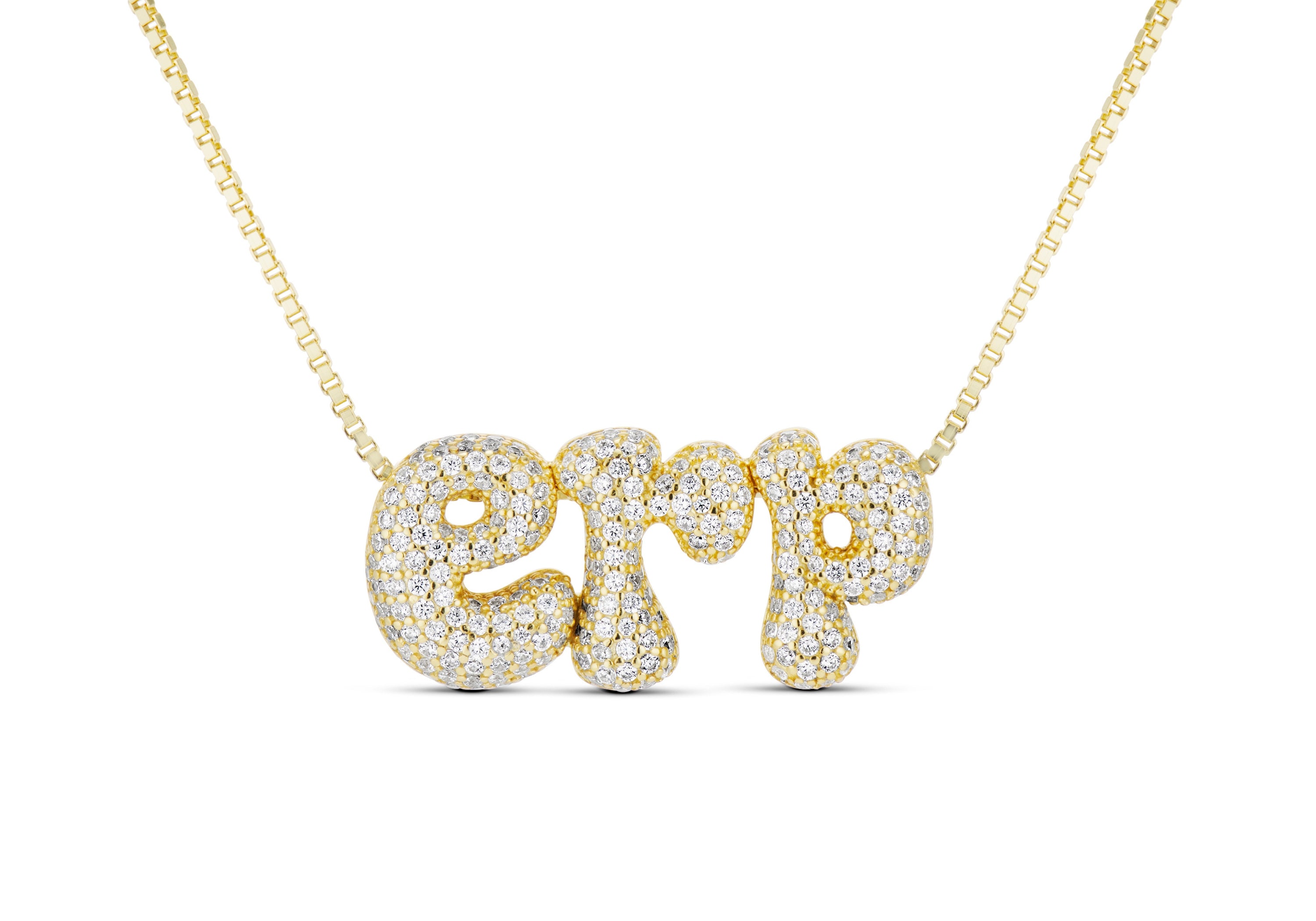 Iced Jumbo Initials Necklace with CZ bubble initials erp on a gold box chain