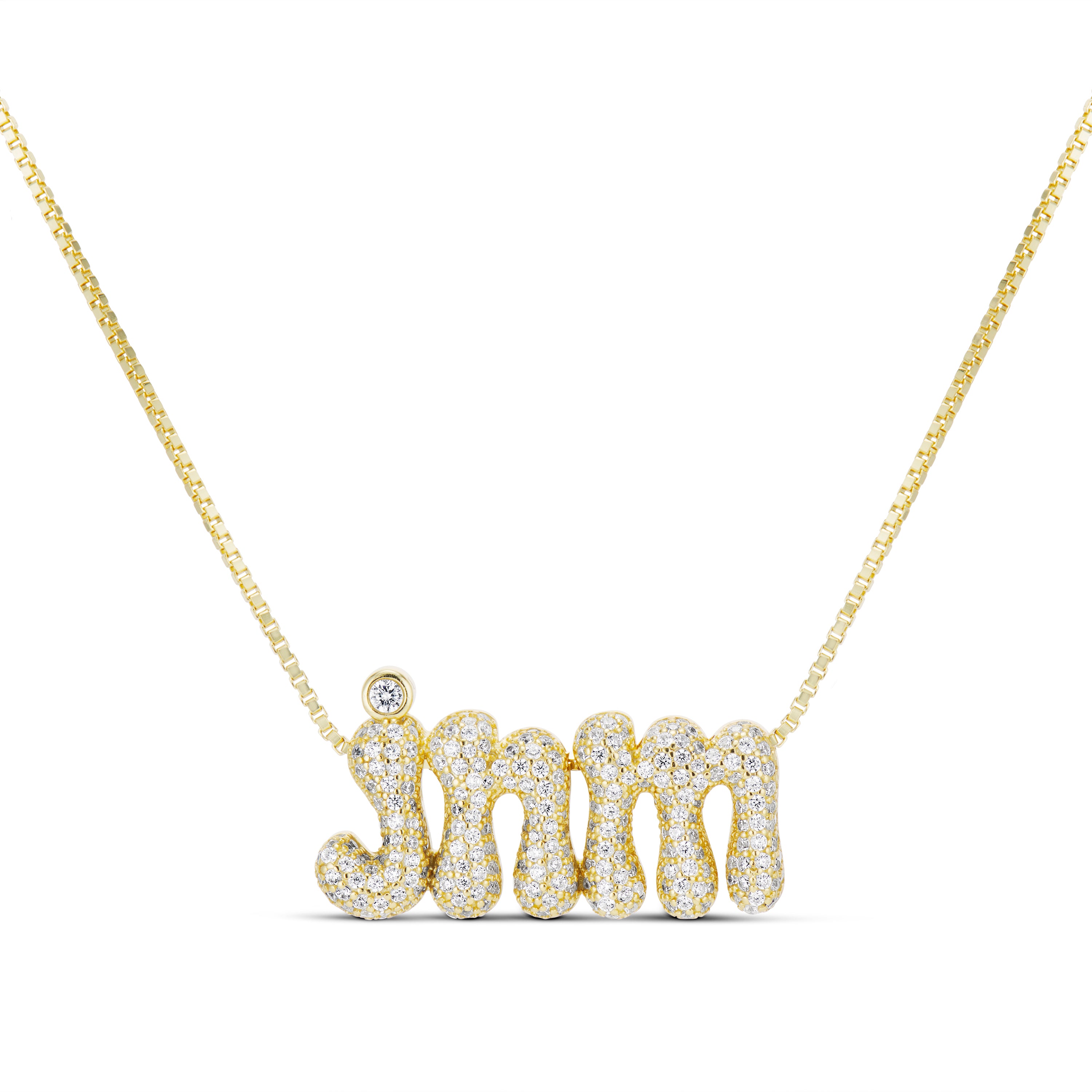 Iced Jumbo Initials Necklace with three CZ initials jnm on a gold chain
