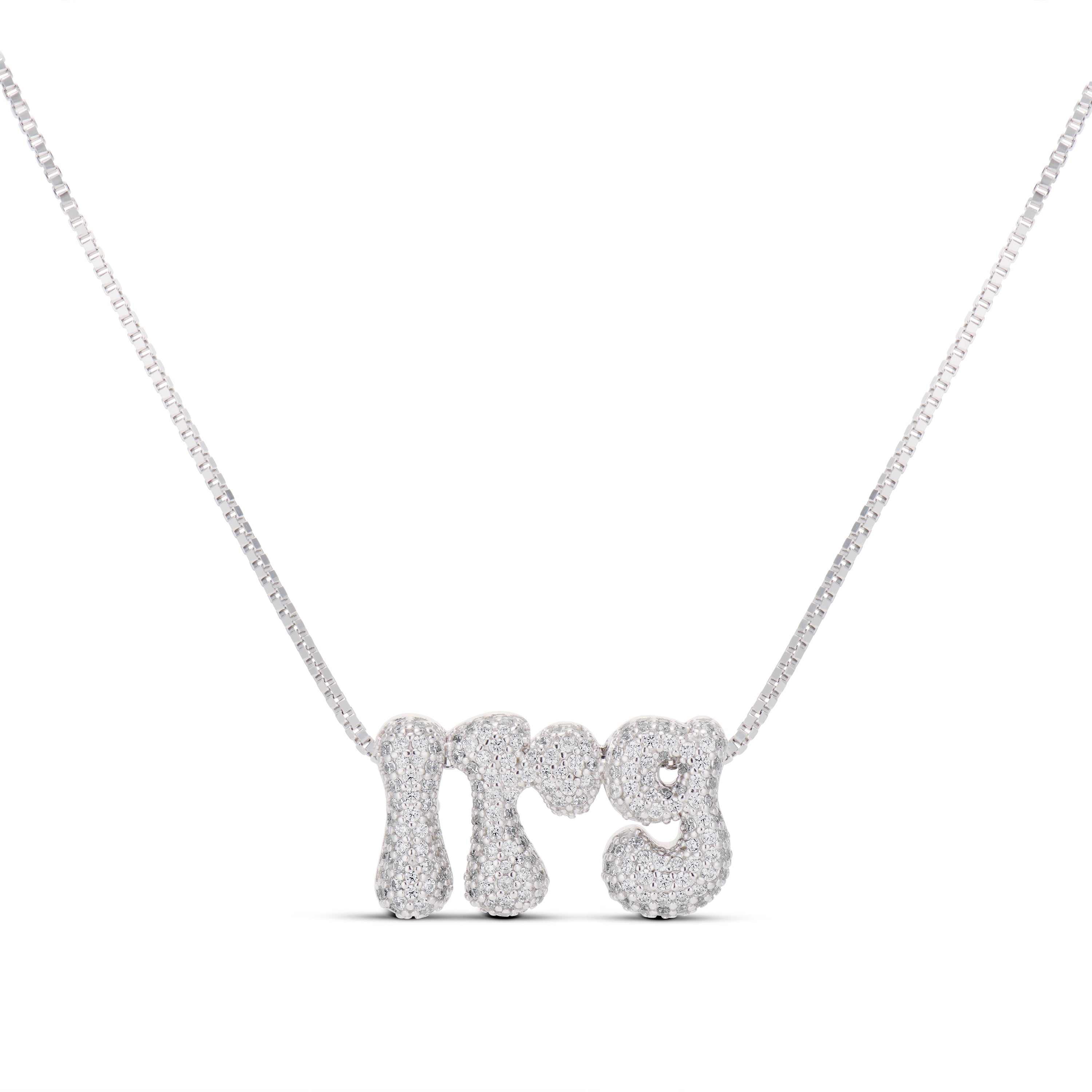 Iced Jumbo Initials Necklace in silver with CZ bubble initials