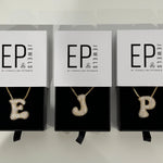 Iced Jumbo Letter Necklaces in E, J and P in EP Jewels gift boxes