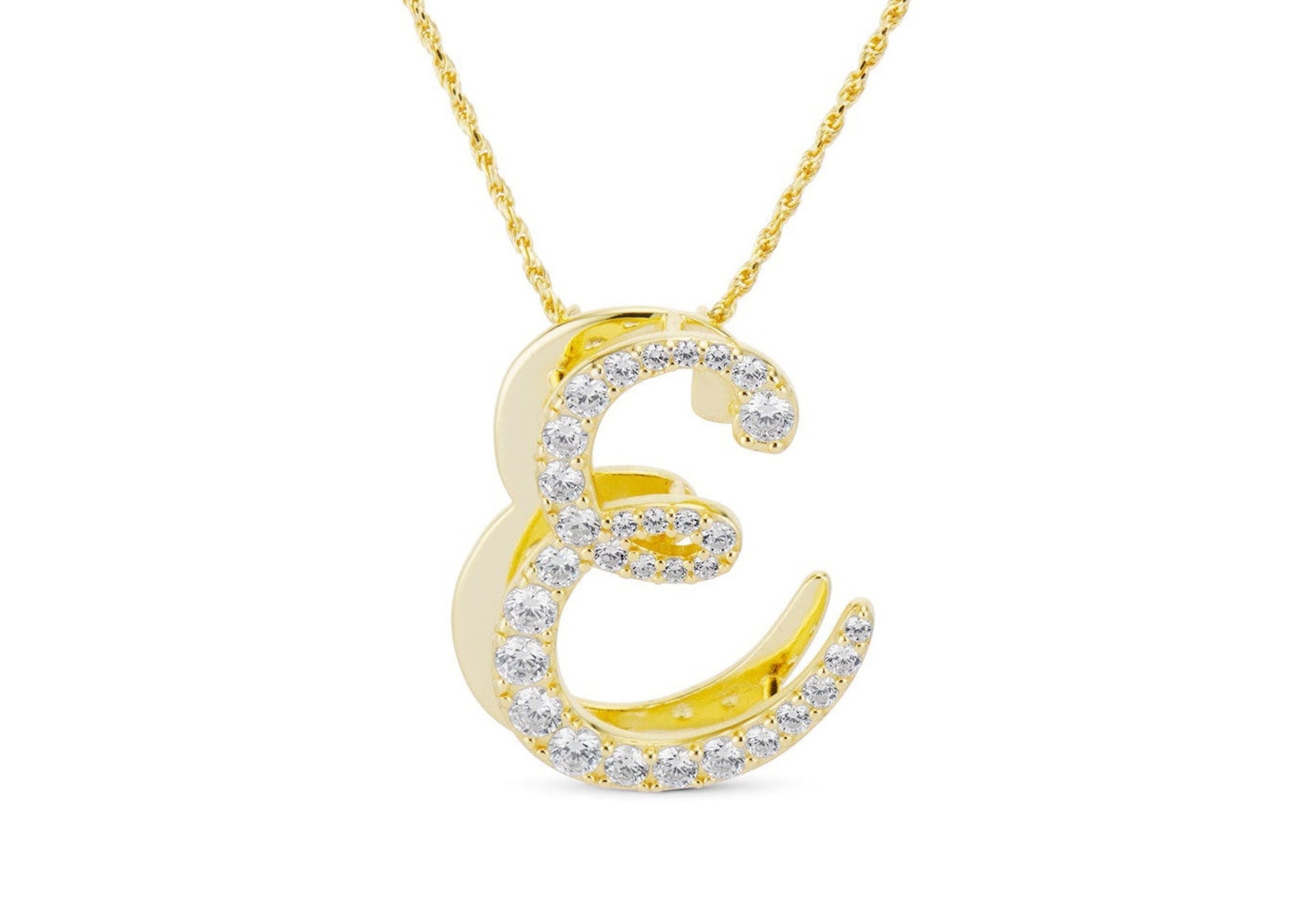Large gold iced script initial necklace with CZ stones