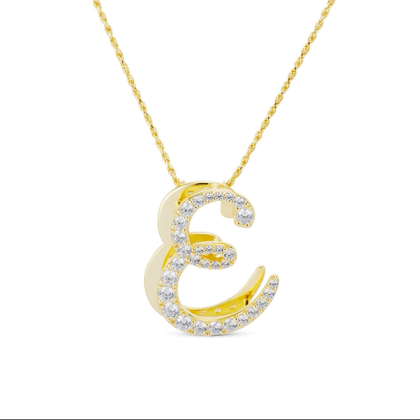 EP Jewels Iced Jumbo Script Letter Necklace, large gold CZ cursive letter E