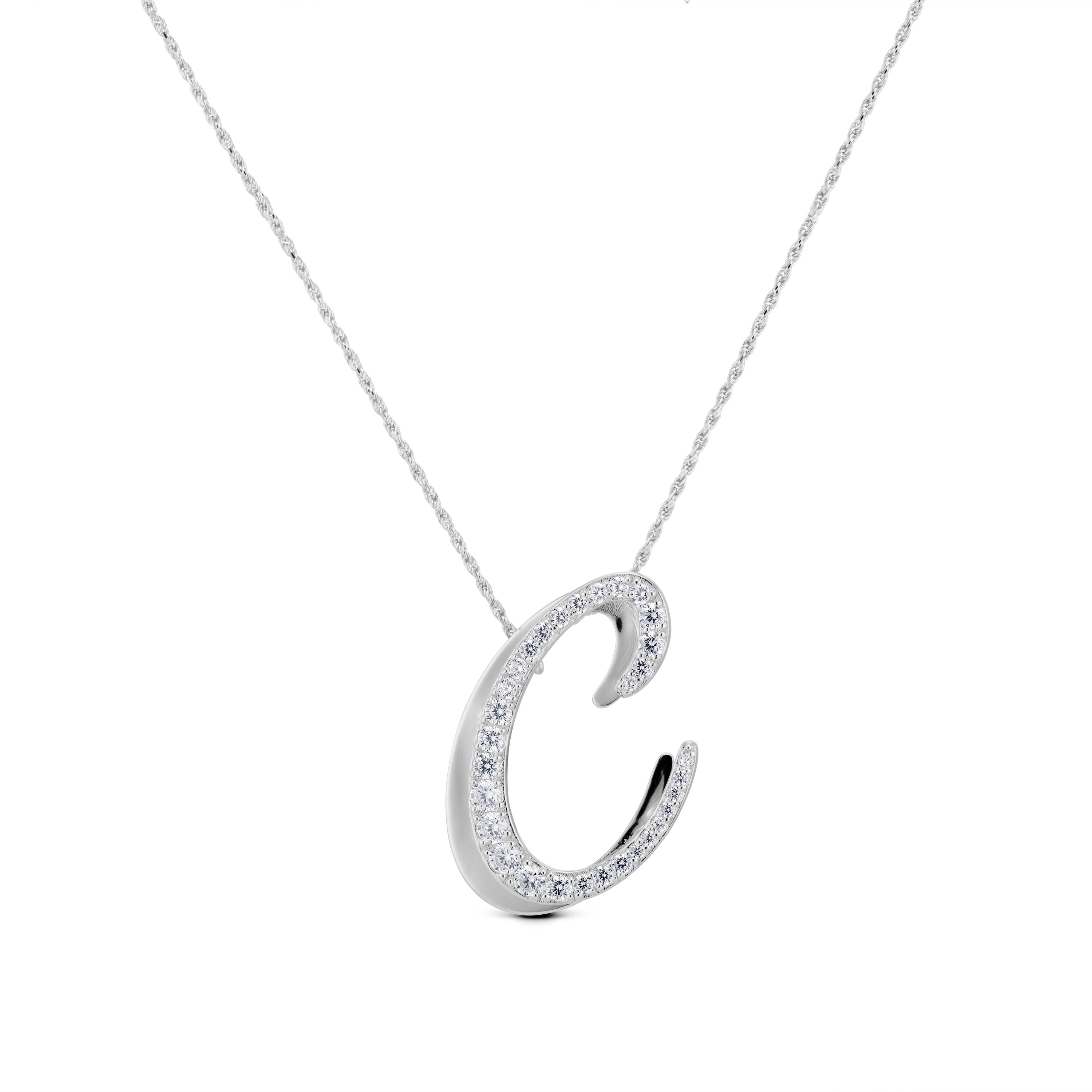 Iced Jumbo Script Letter Necklace in silver, CZ cursive letter C