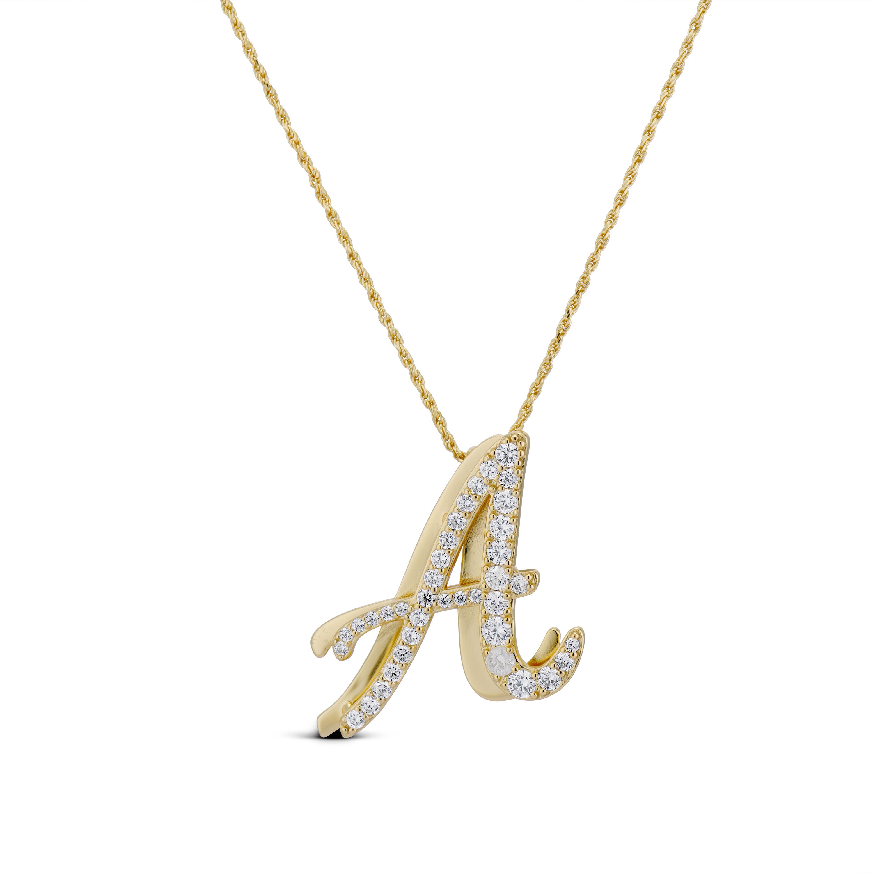 Iced Jumbo Script Letter Necklace, gold CZ cursive letter A