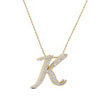 Iced Jumbo Script Letter Necklace, gold CZ cursive letter K