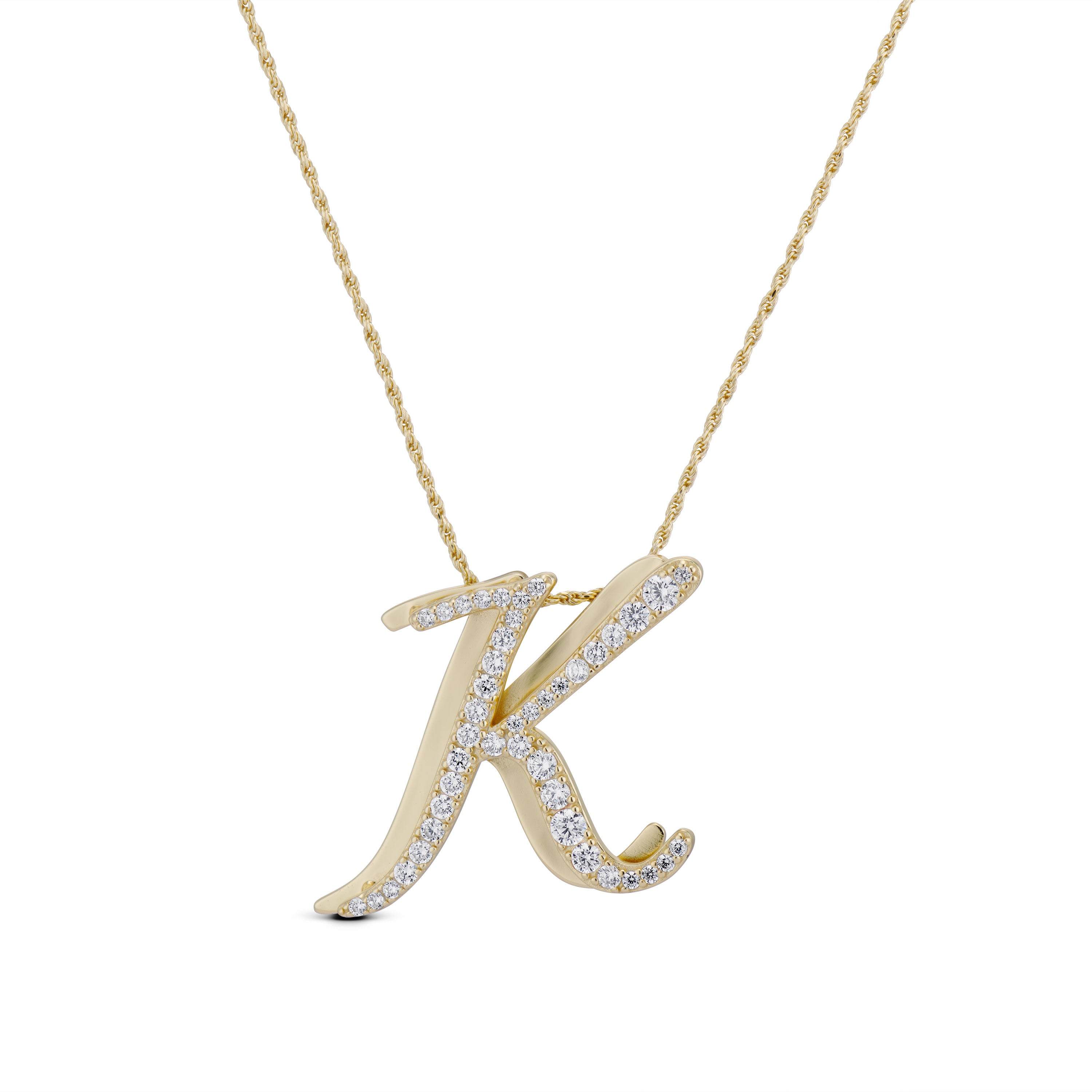 Iced Jumbo Script Letter Necklace, gold CZ cursive letter K