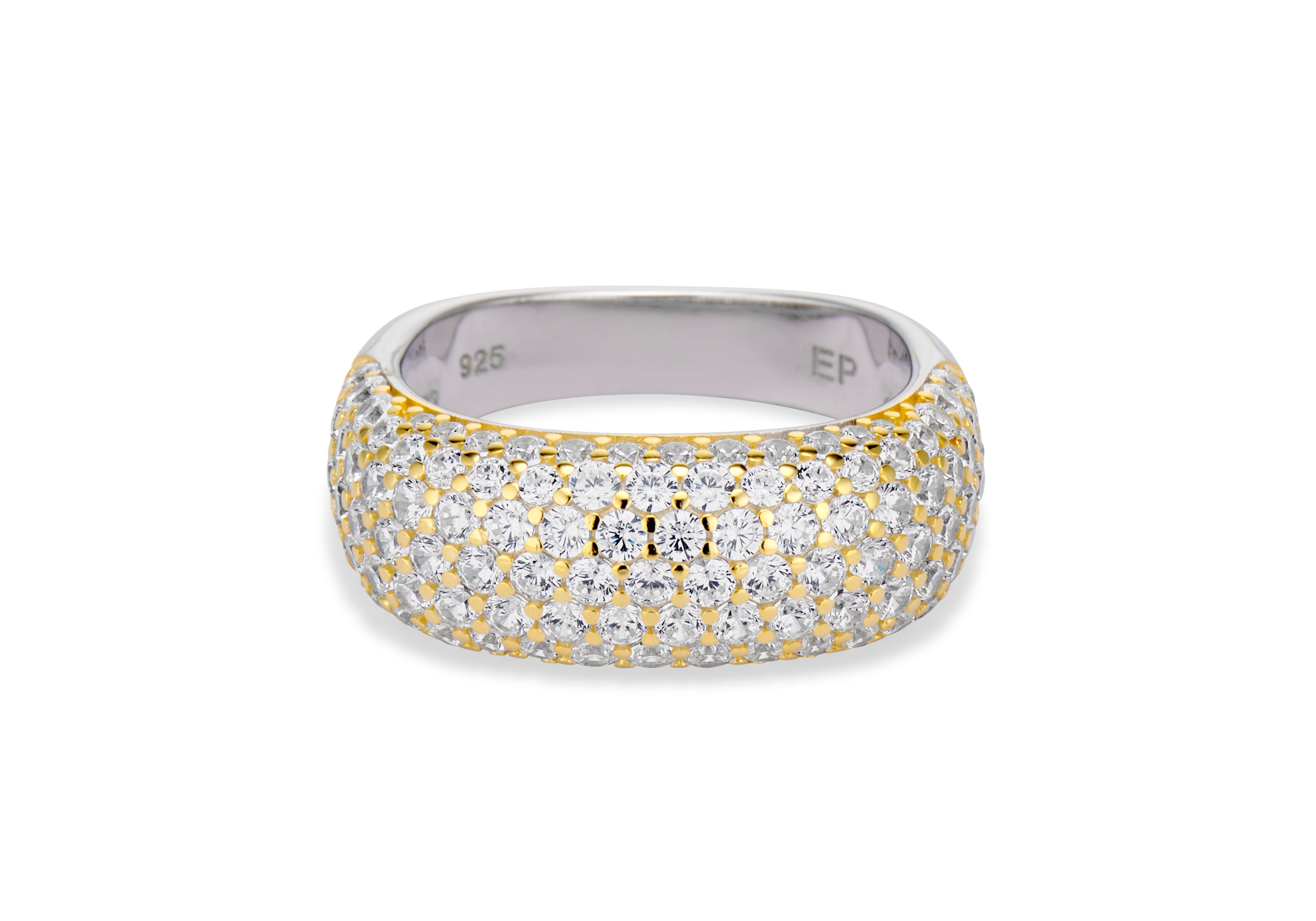 Iced Kaete Pave Ring, a two-tone domed ring fully set with pave CZ stones