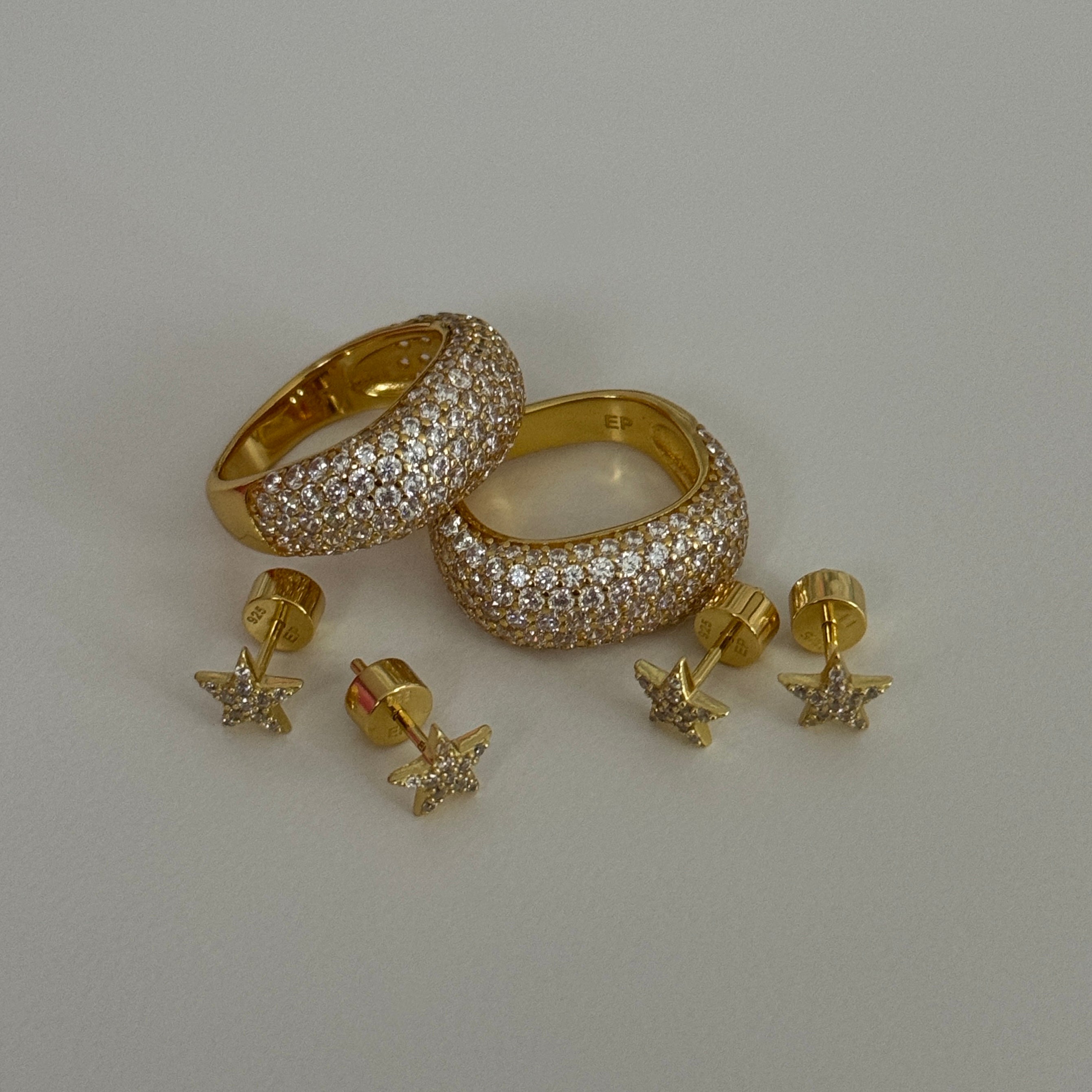 Iced Kaete Pave Rings with gold CZ star studs from the EP Jewels x Gertie Nazaroff collection