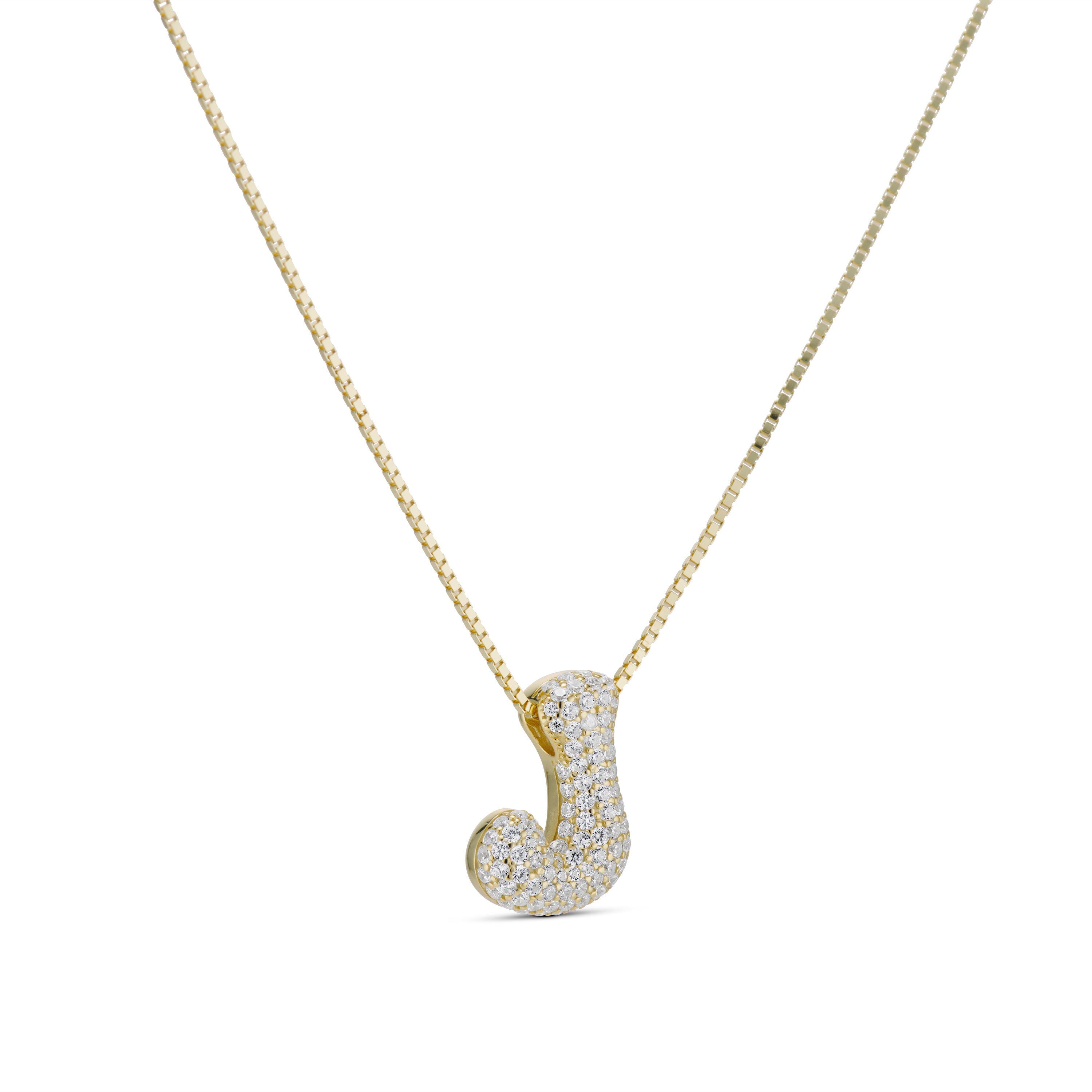 Iced Medium Jumbo Letter Necklace, gold CZ letter J, side view