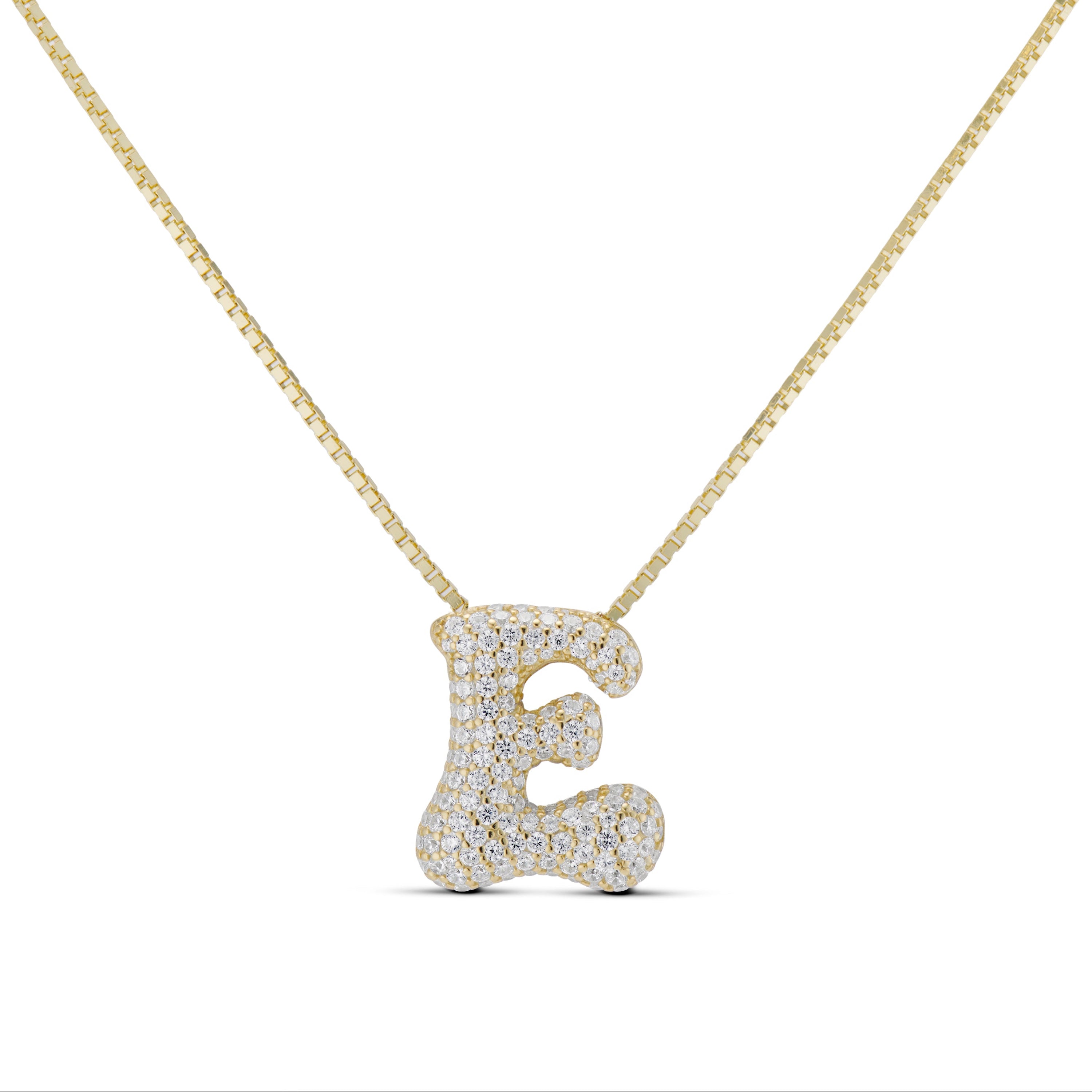Iced Medium Jumbo Letter Necklace, gold CZ letter E, front view