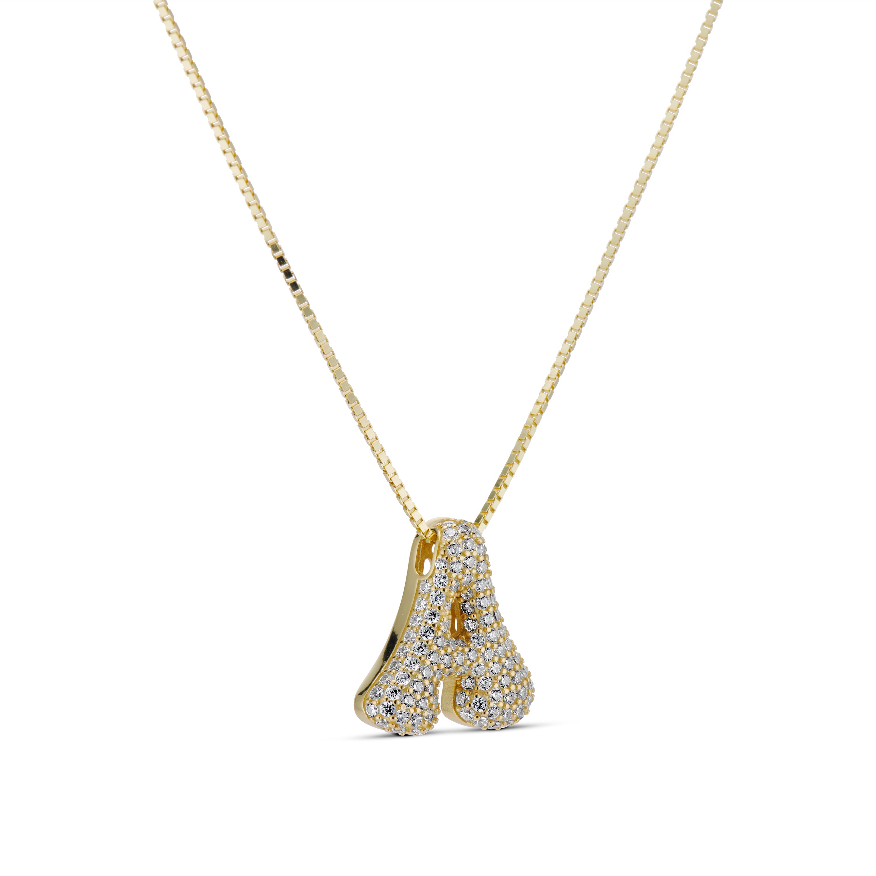 Iced Medium Jumbo Letter Necklace, gold CZ letter A, angled view