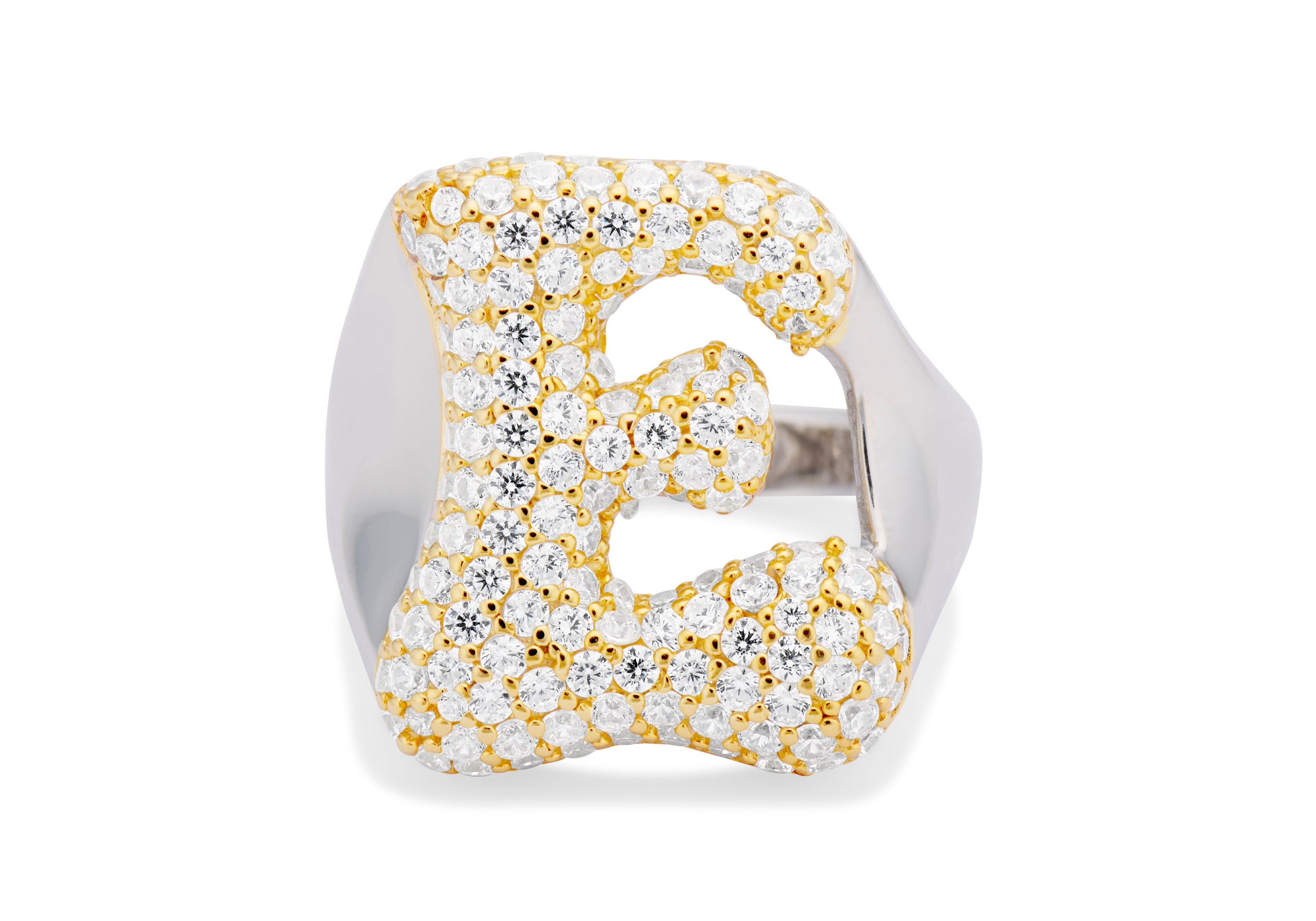 Two-tone Iced Jumbo Letter Ring with a CZ bubble letter E