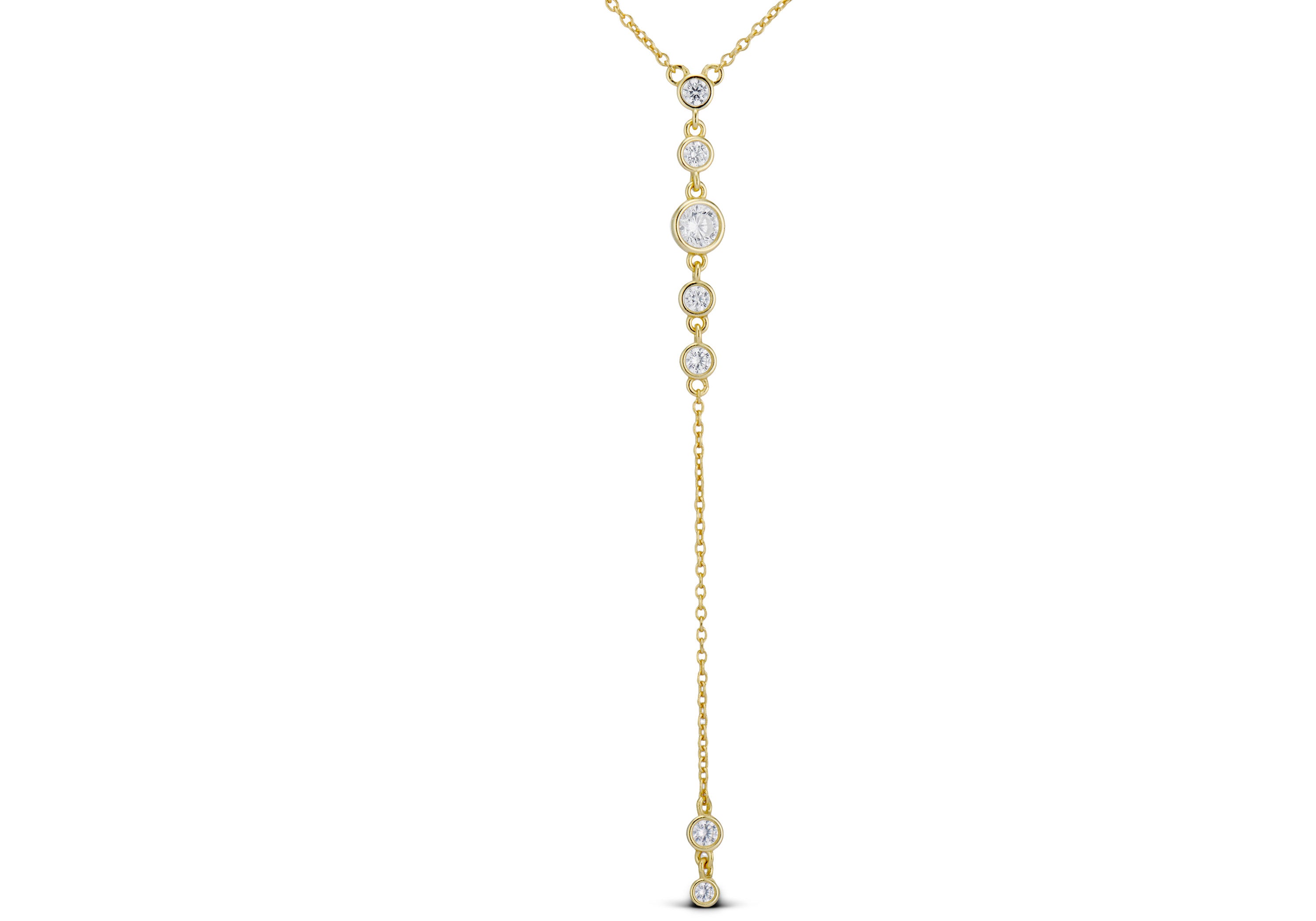 Lariat Drop Necklace, a gold Y chain with a row of bezel-set CZ drops