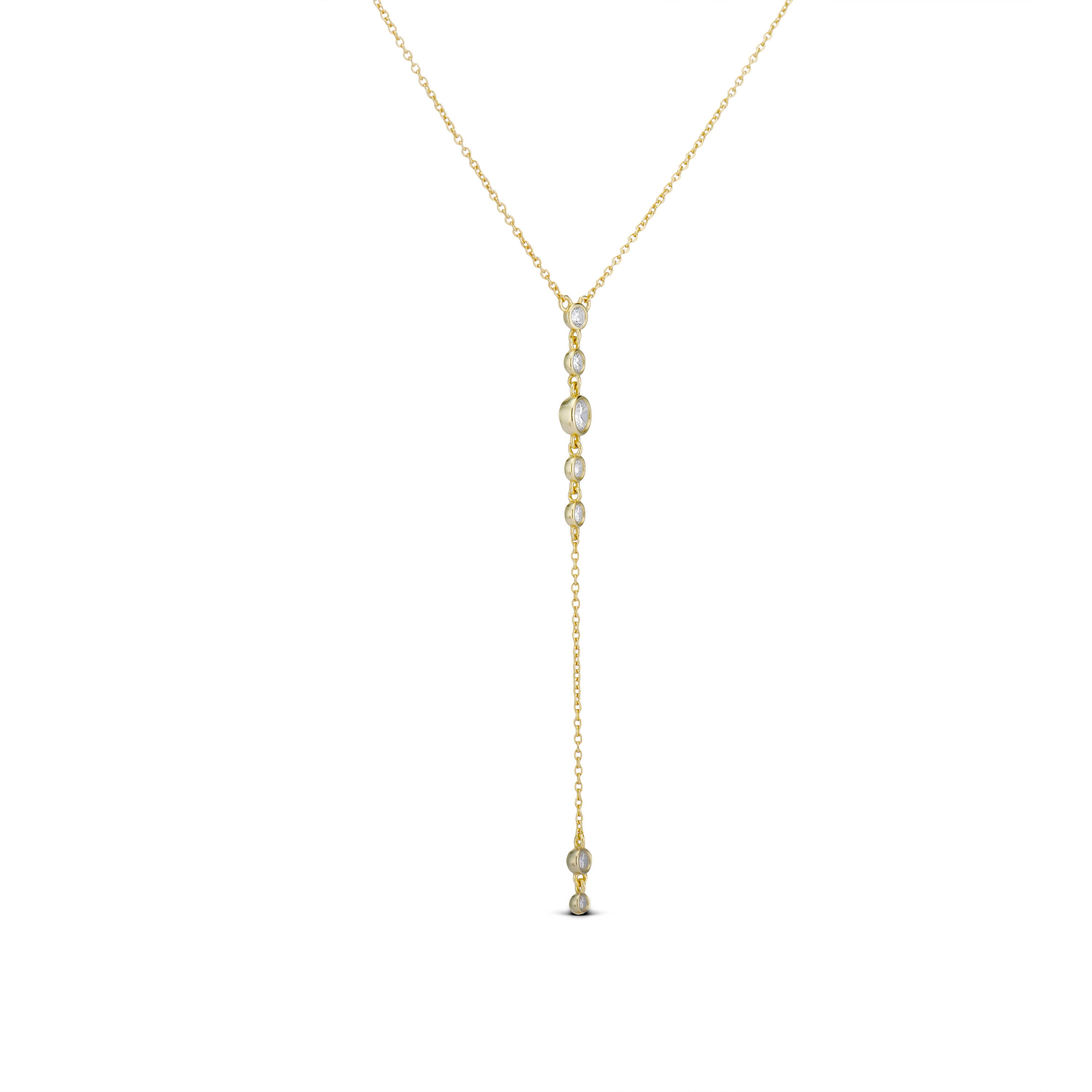 Lariat Drop Necklace with CZ drops on a fine gold chain, full length