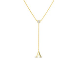 Gold lariat initial necklace with dangling CZ letter A