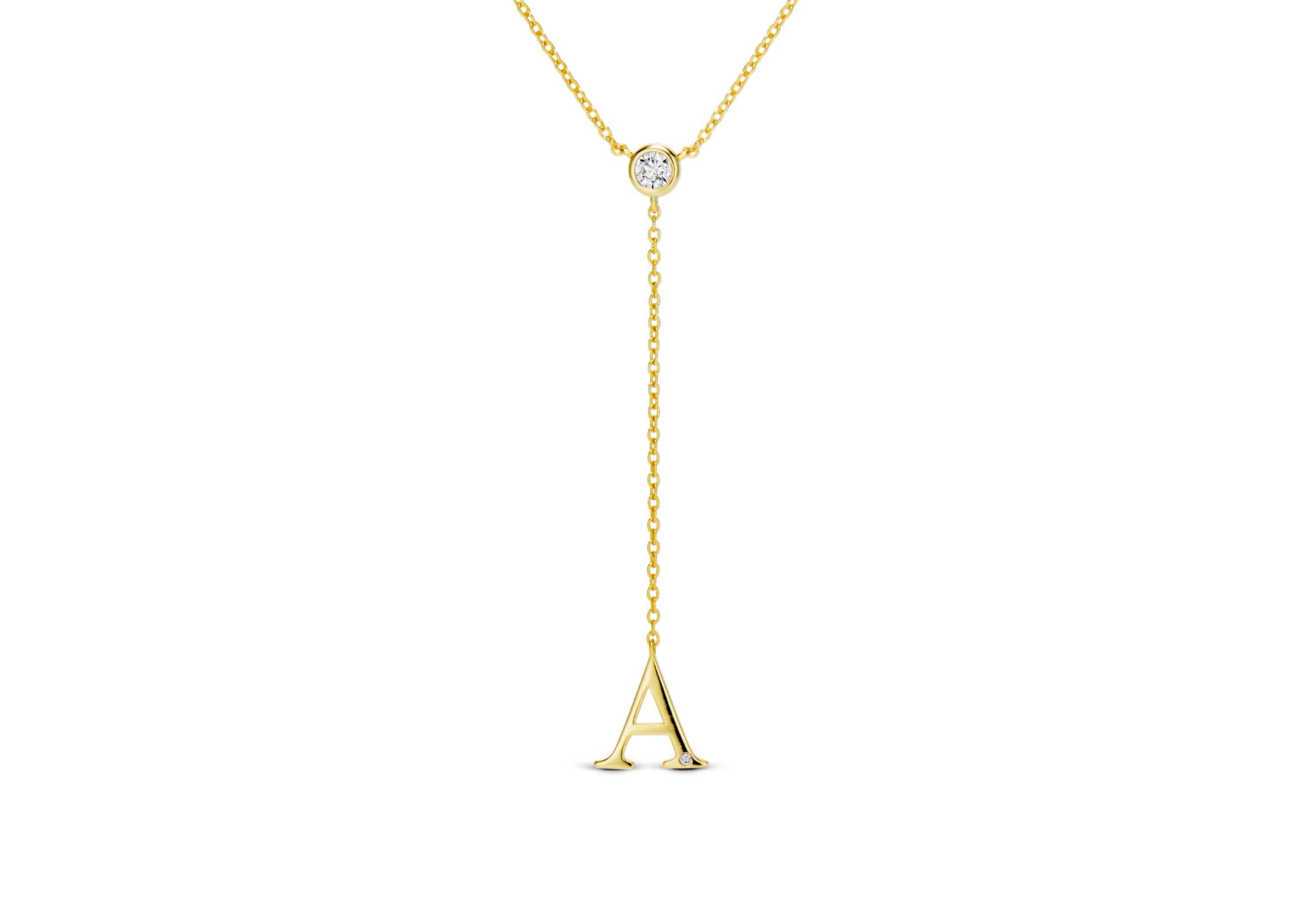 Gold lariat initial necklace with dangling CZ letter A