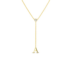 Gold lariat initial necklace with dangling CZ letter A