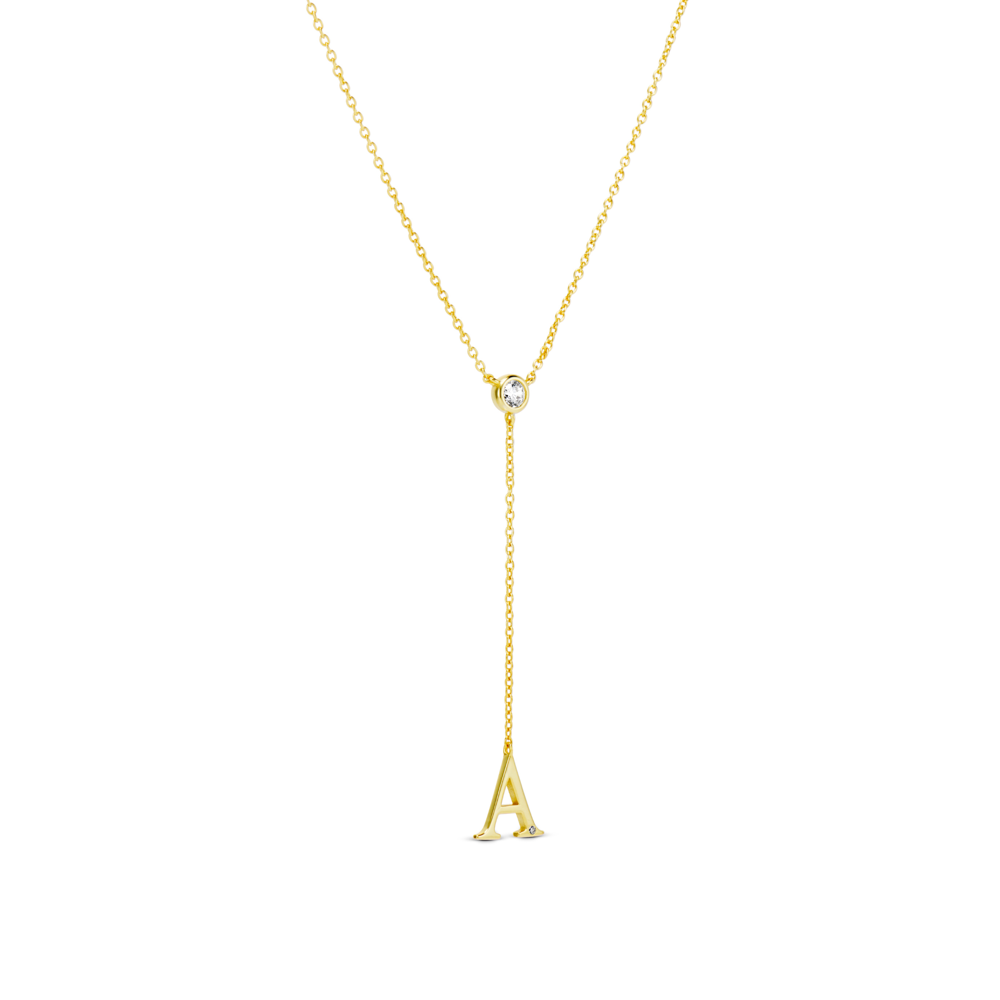 EP Jewels Lariat Letter Necklace, gold CZ letter A on a lariat chain