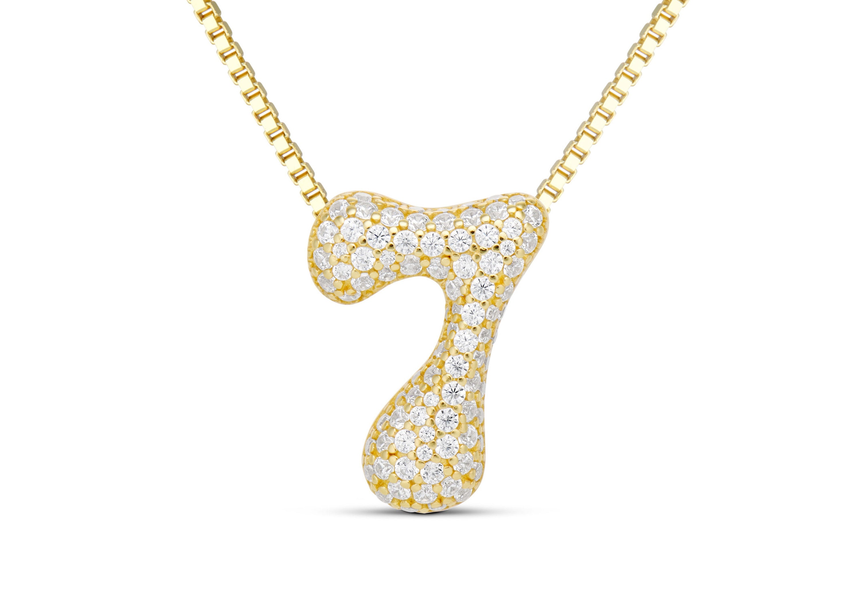 Iced Medium Jumbo Number Necklace, a CZ-iced bubble number 7 on a gold box chain