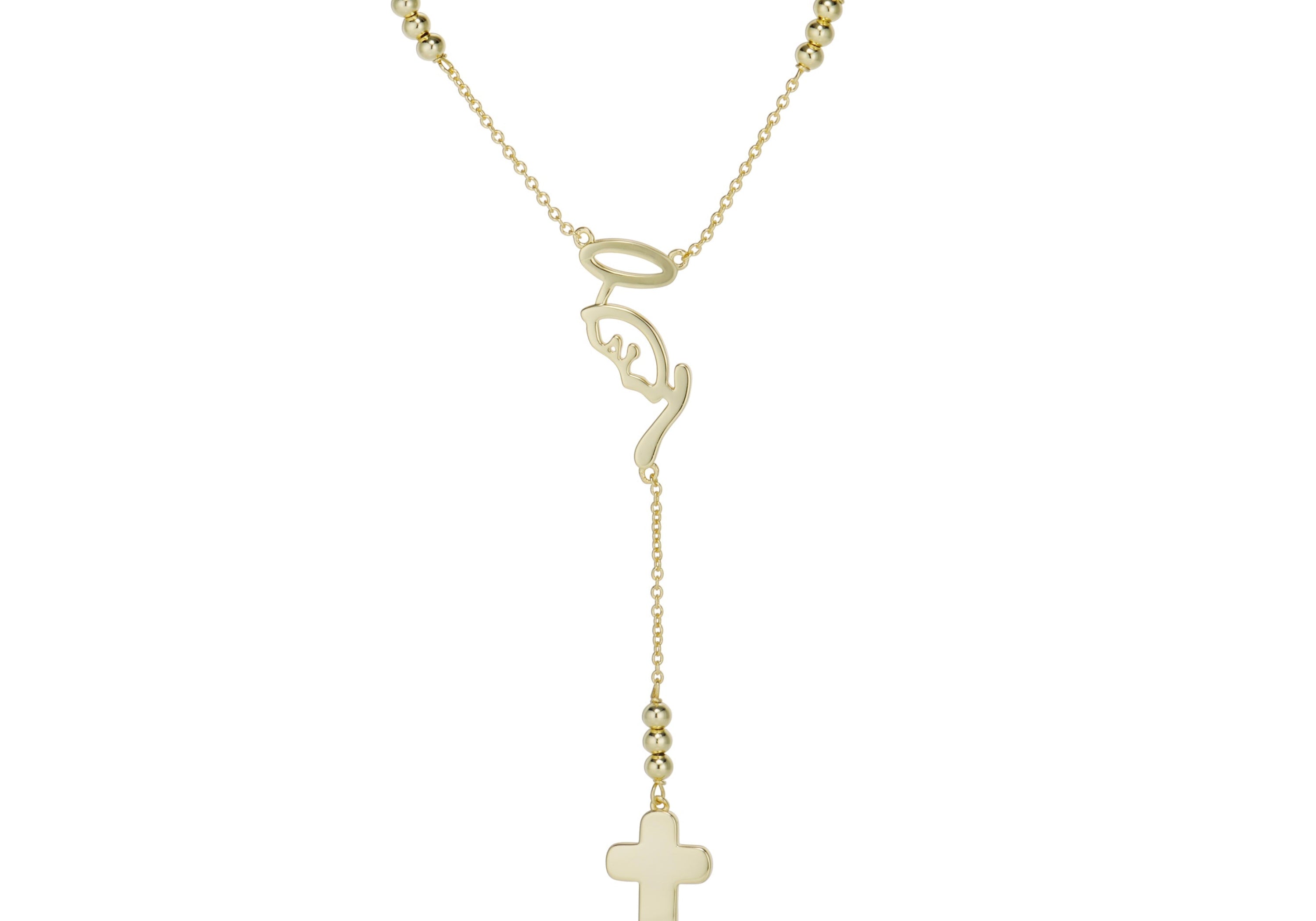Mother Mary Rosary Necklace, a gold rosary chain with a Mother Mary silhouette and cross drop