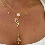 Mother Mary Rosary Necklace layered with a CZ solitaire necklace