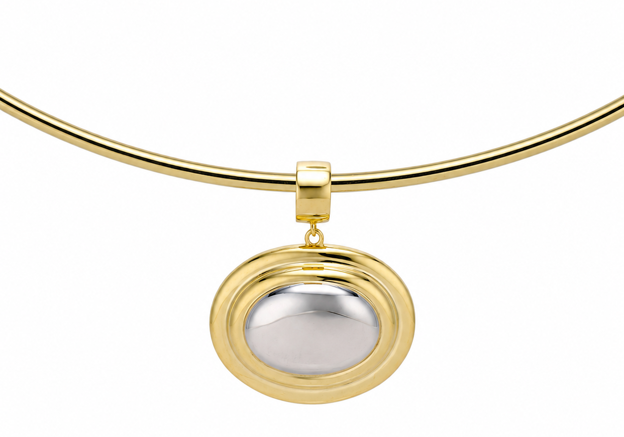 Oval Eclipse Cuff Pendant on a gold cuff necklace
