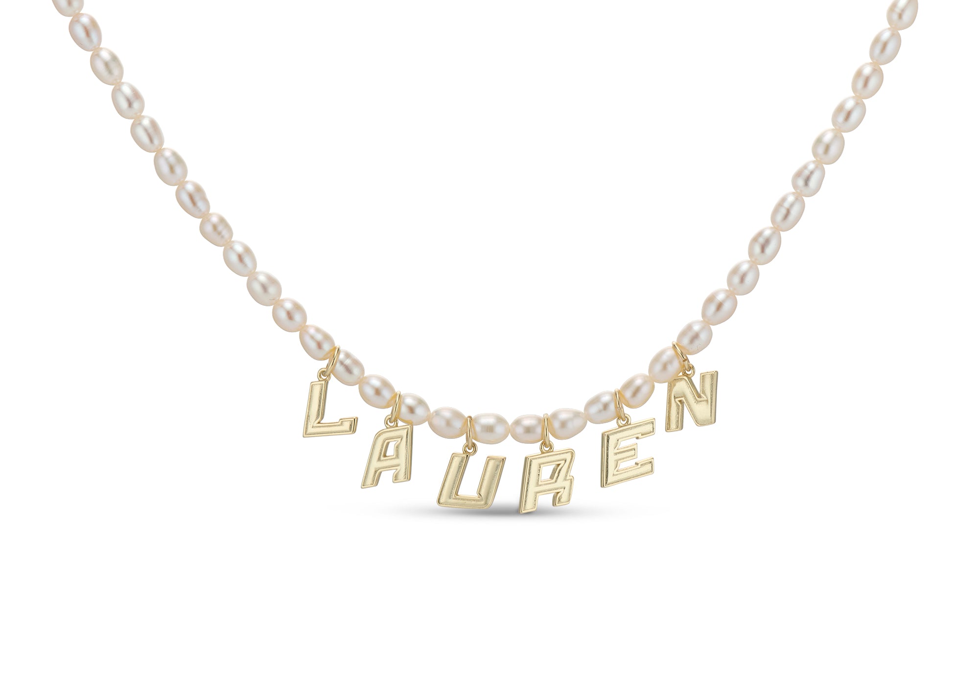 Pearly Nameplate Necklace with gold capital letters LAUREN on a freshwater pearl chain
