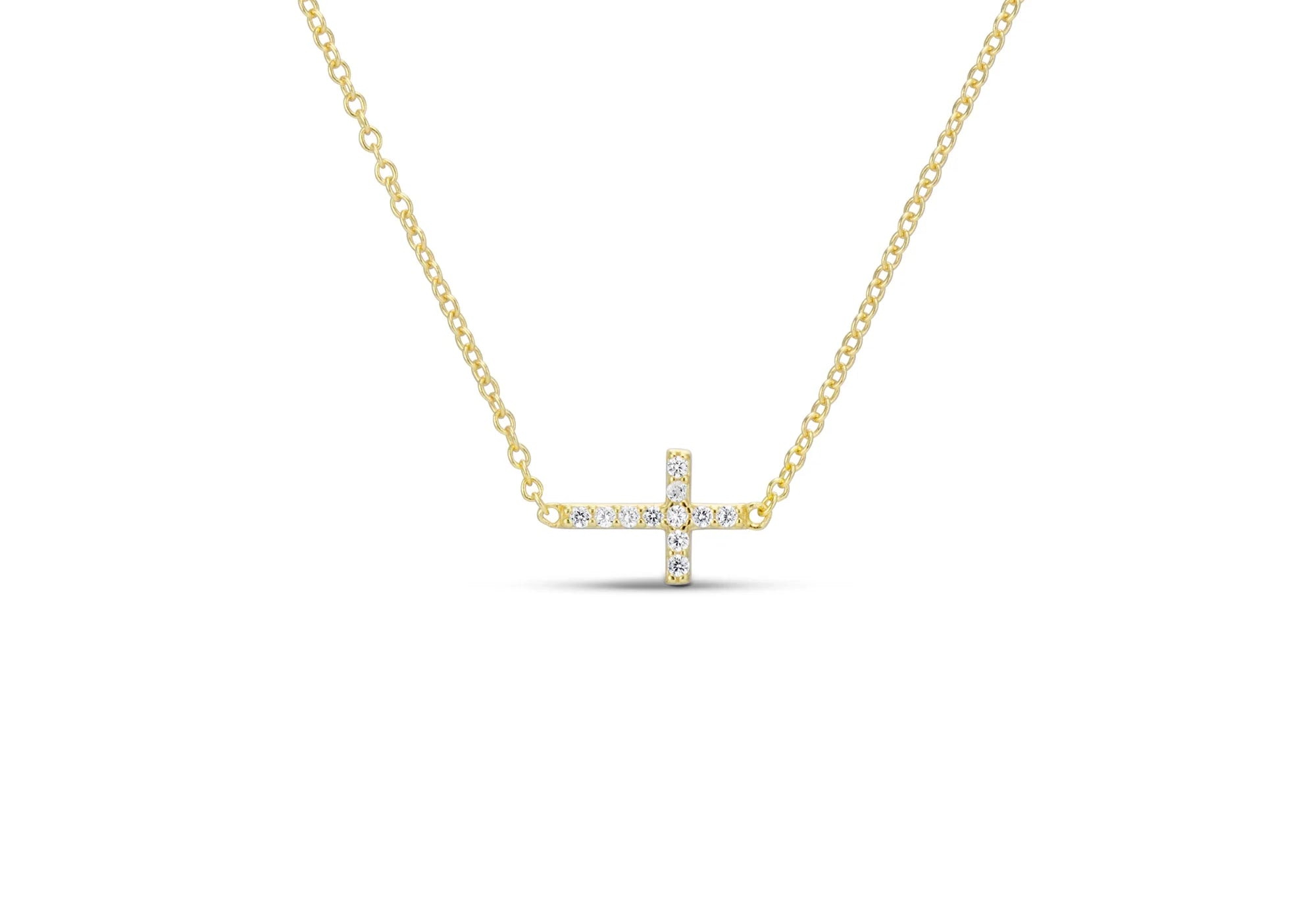 CZ Sideways Cross Necklace, a horizontal CZ cross on a gold chain