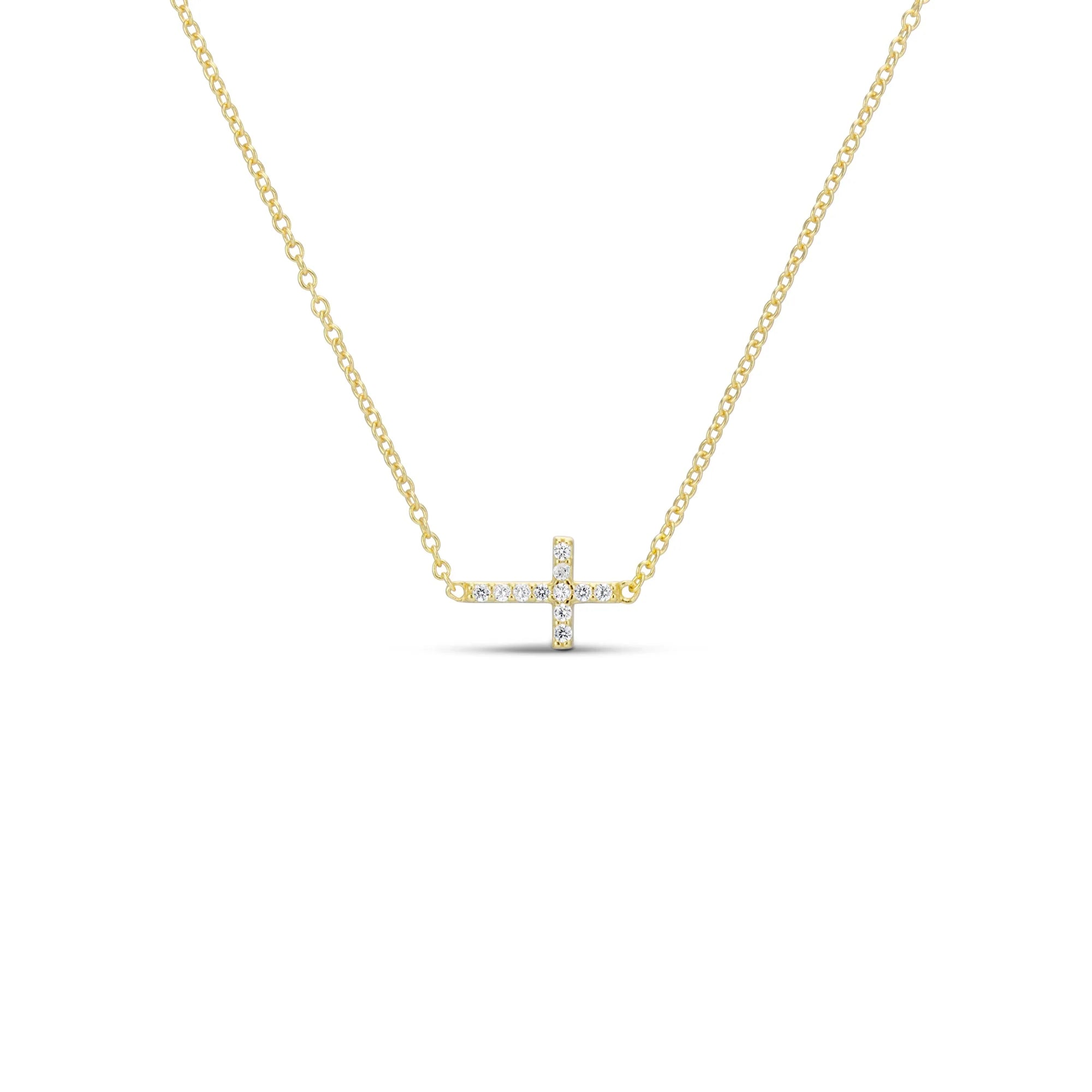 CZ Sideways Cross Necklace in 14K gold plating, front view