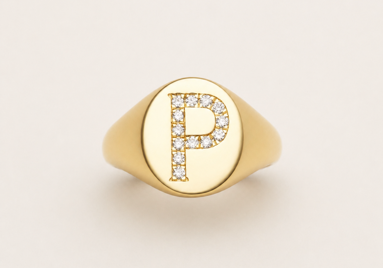 Signet Letter Pinky Ring in 14K solid gold with a lab-grown diamond pave letter P