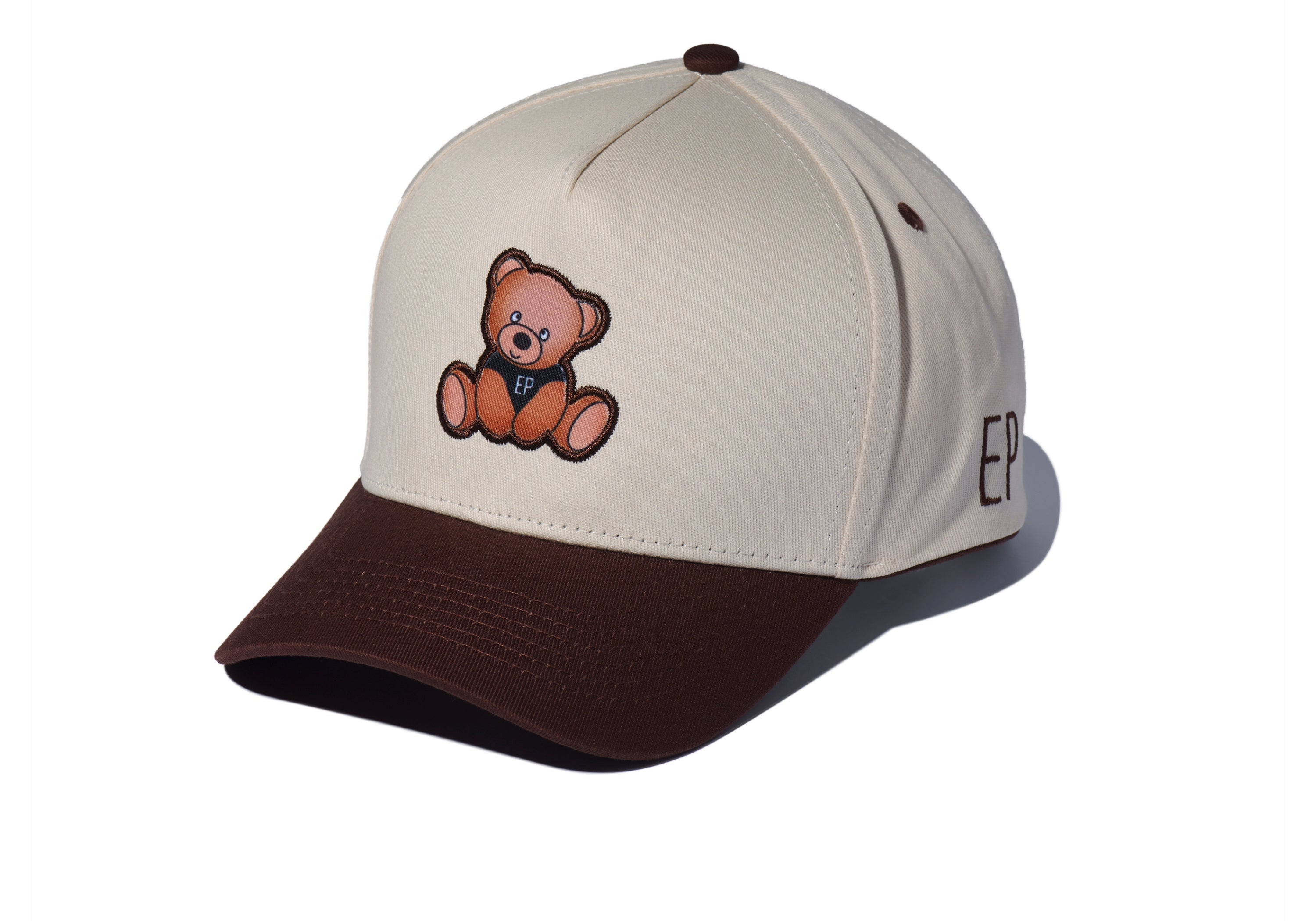 EP Teddy Trucker Hat in cream with a chocolate brown brim and embroidered teddy bear