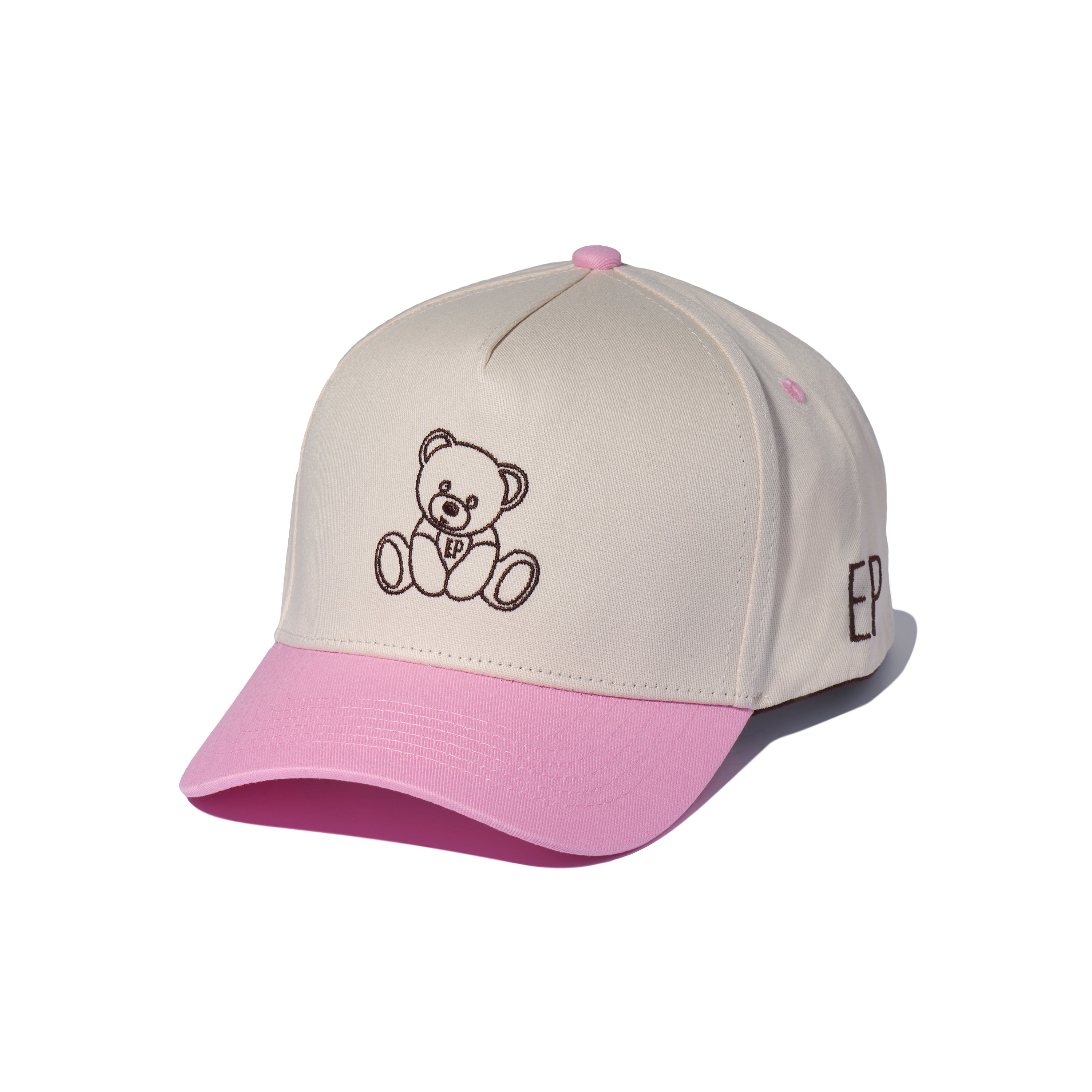Pink EP Teddy Trucker Hat with a cream crown and pink brim