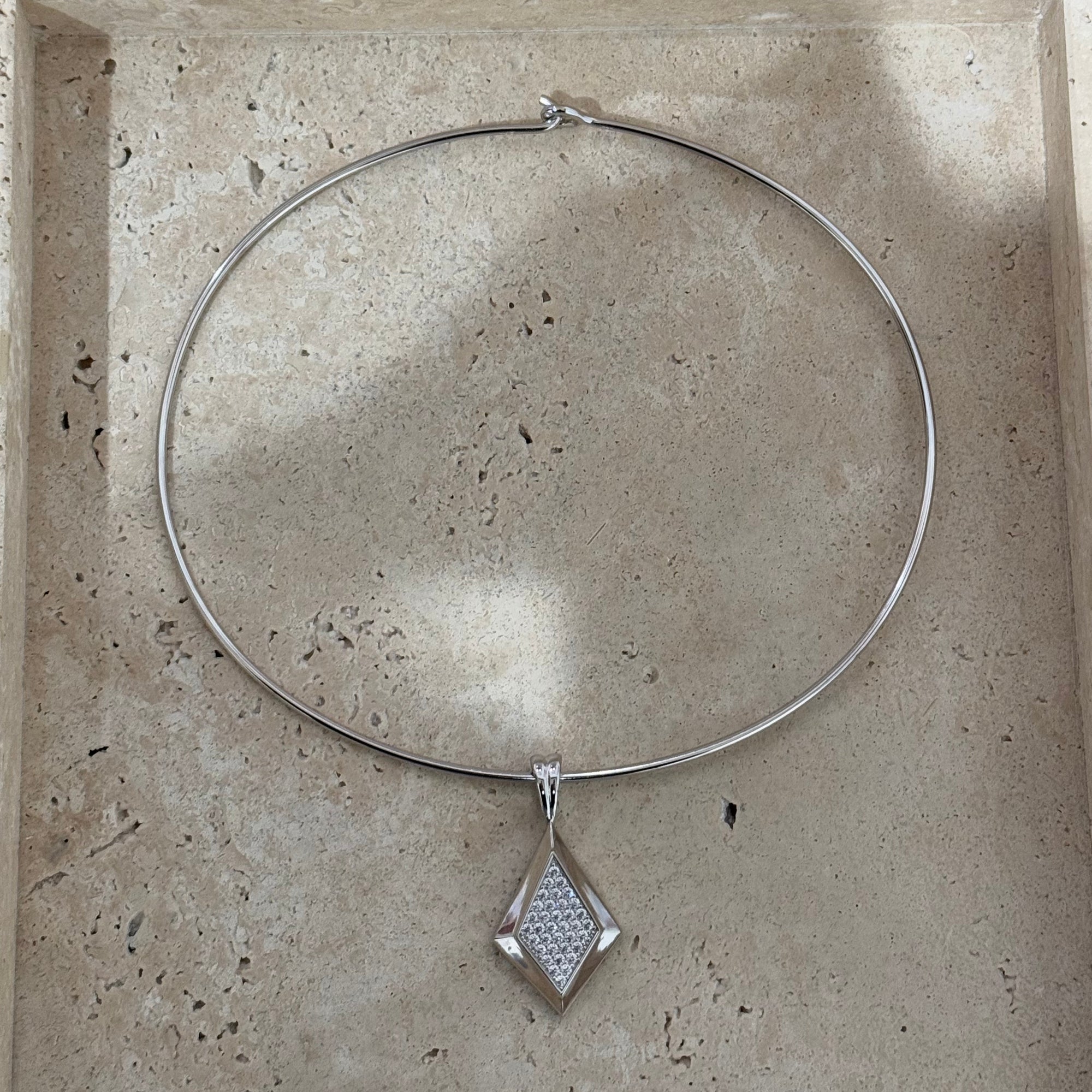 Silver Thin Cuff Necklace with a pave CZ pendant on stone