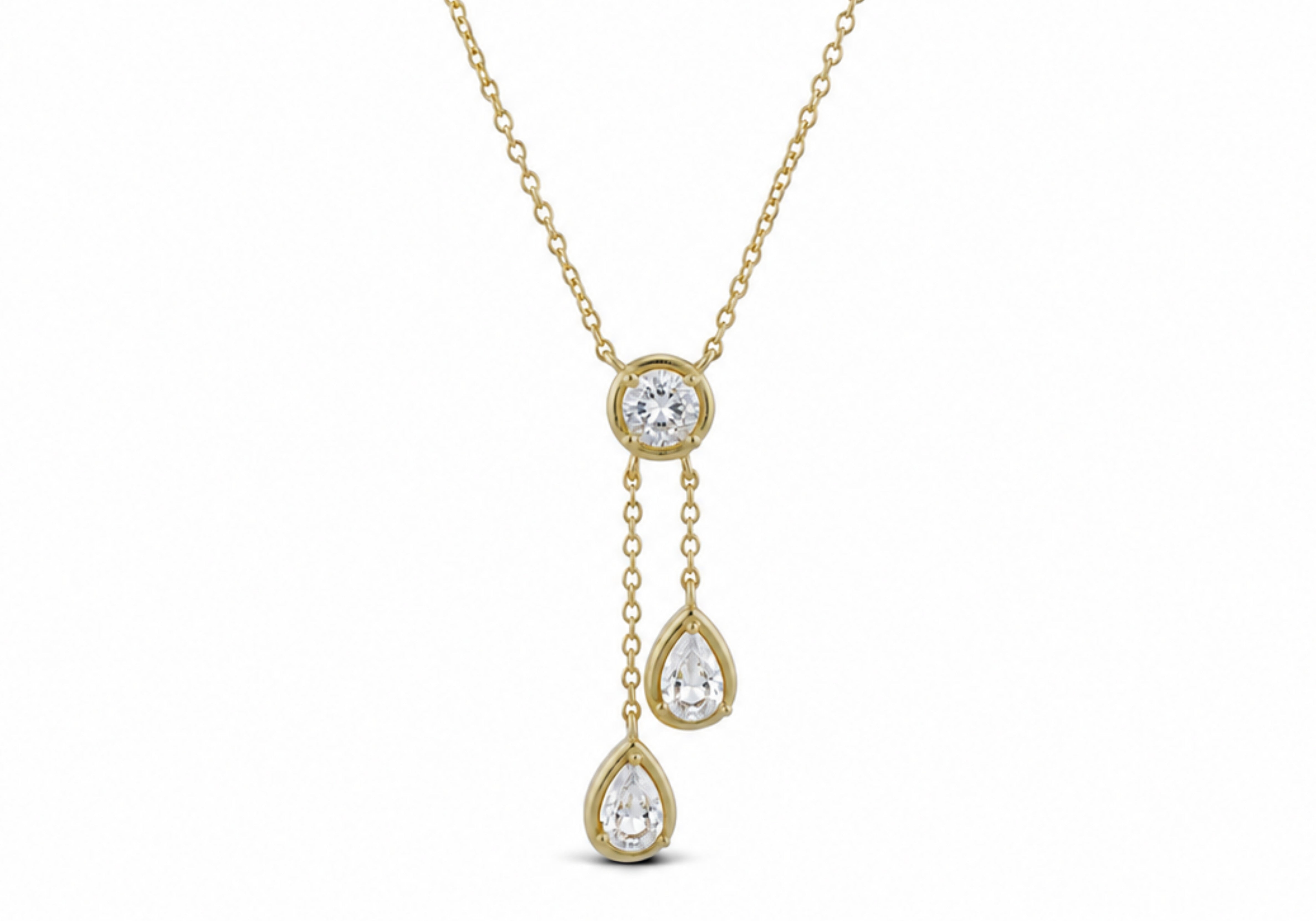 Trio Dangle Necklace, a round CZ with two pear CZ drops on a gold chain