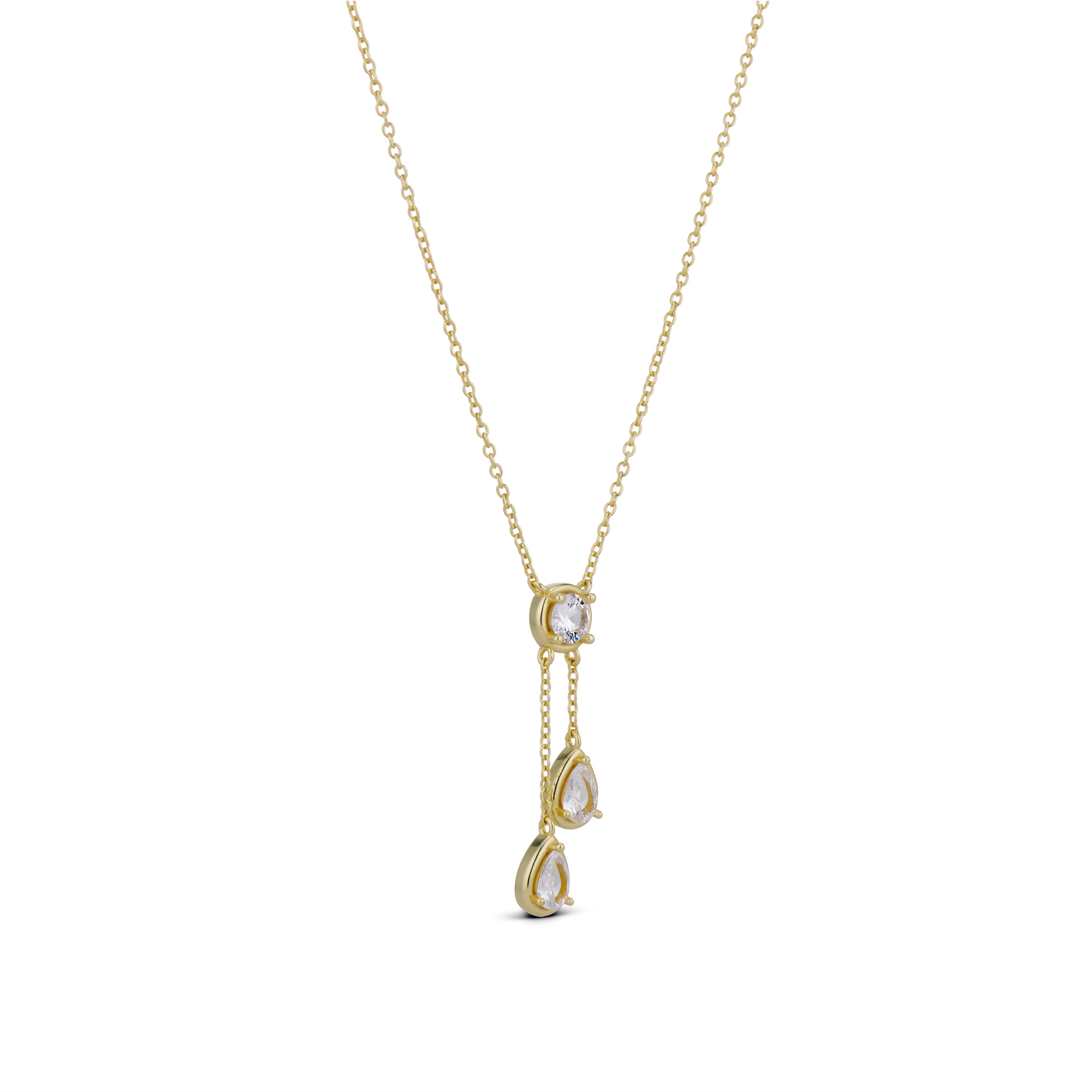 Trio Dangle Necklace on a 16 inch chain with extender, side view